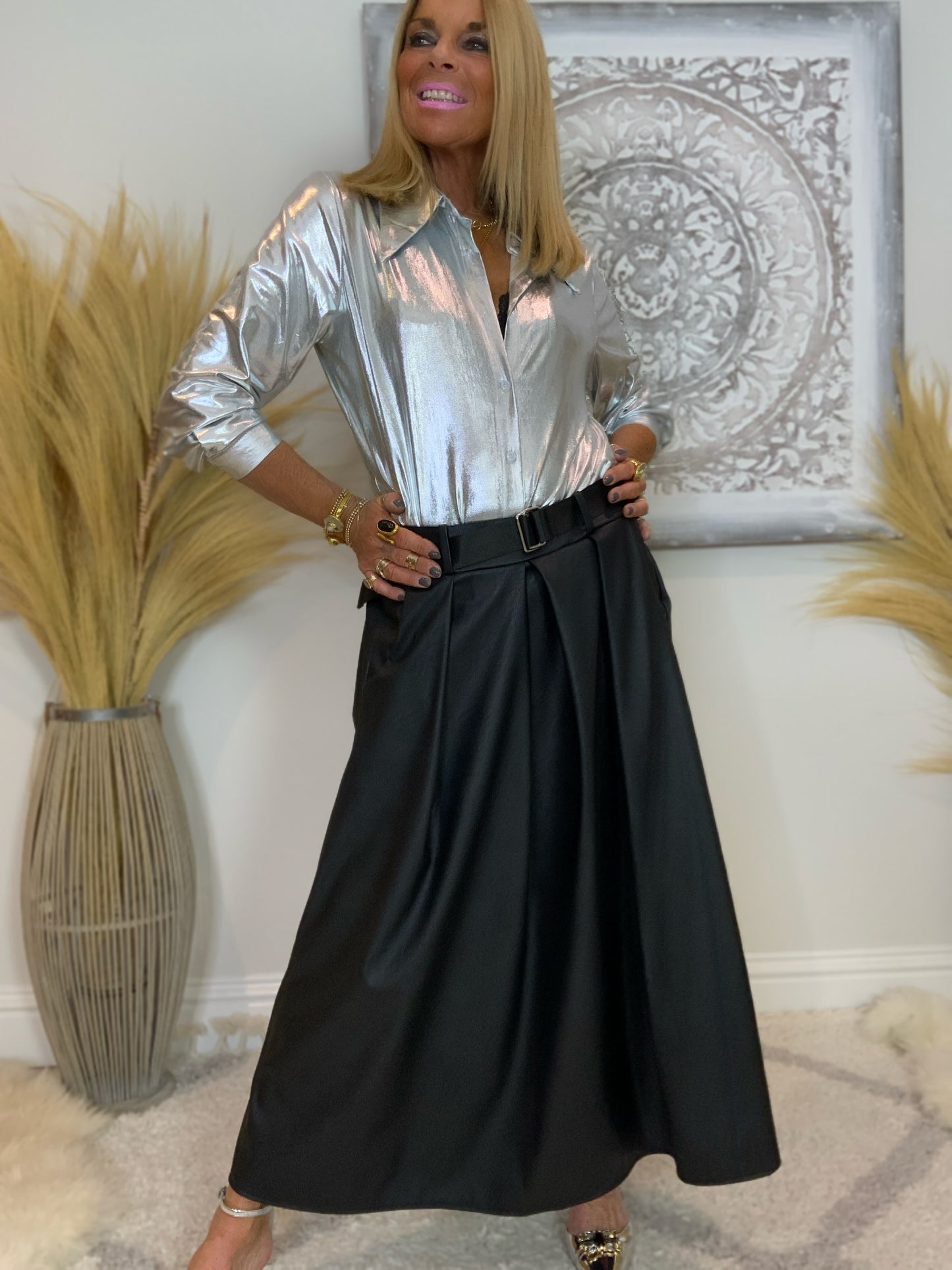 Pleated Faux Leather Maxi Skirt