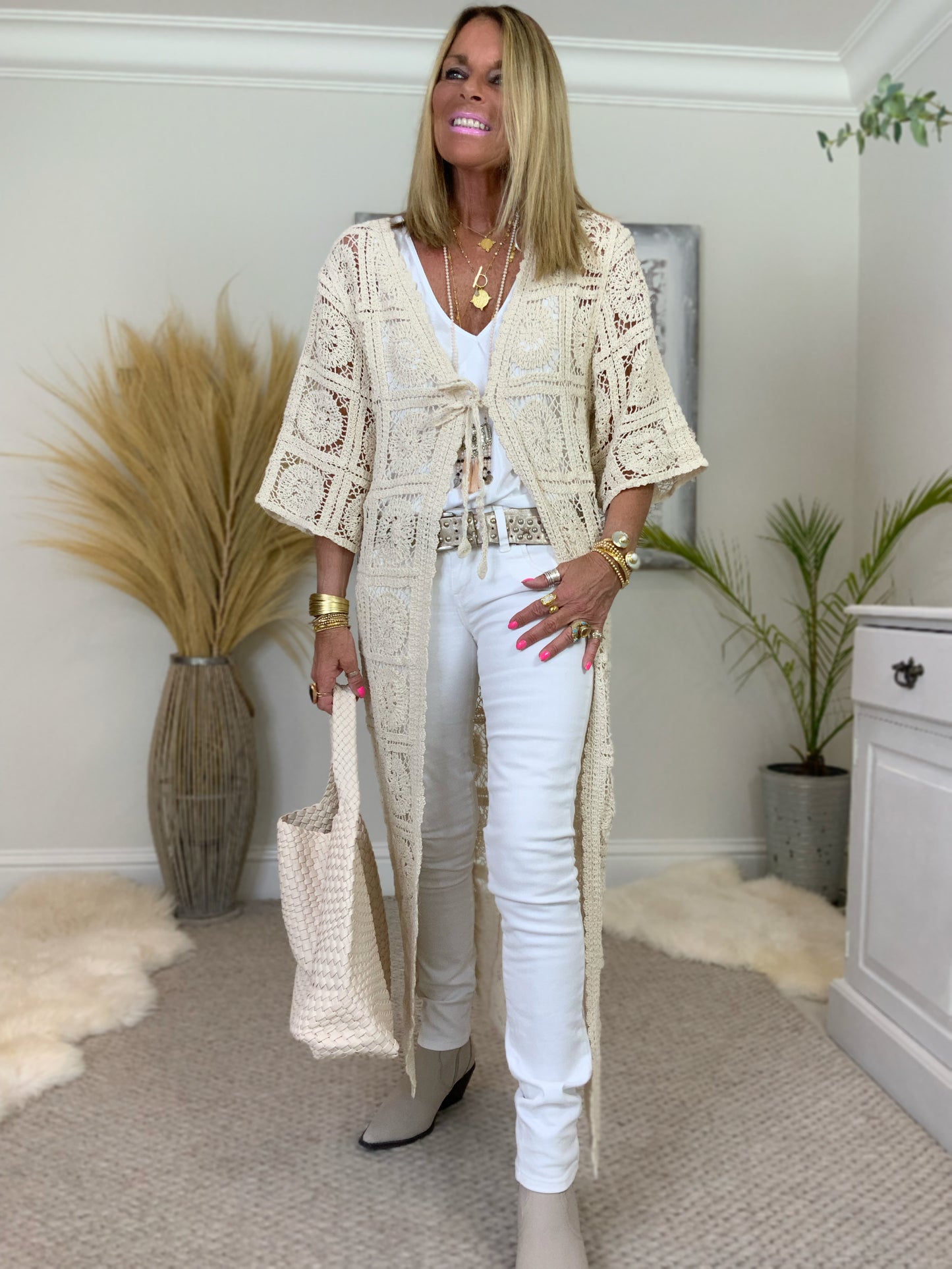 Longline Crochet Tie Cardigan Kimono