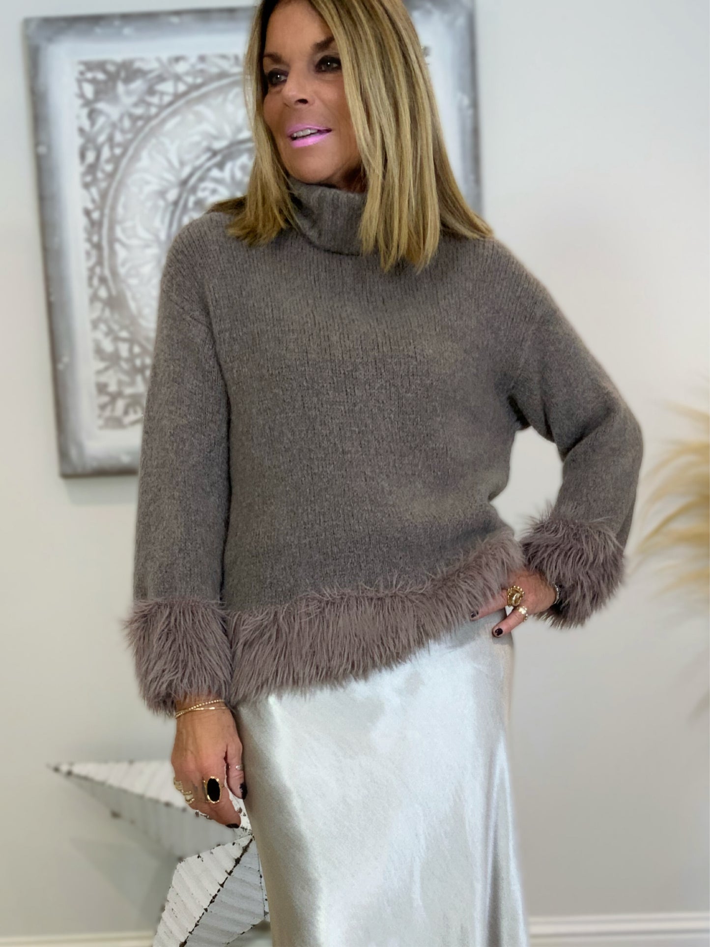Roll Neck Feather Trim Jumper