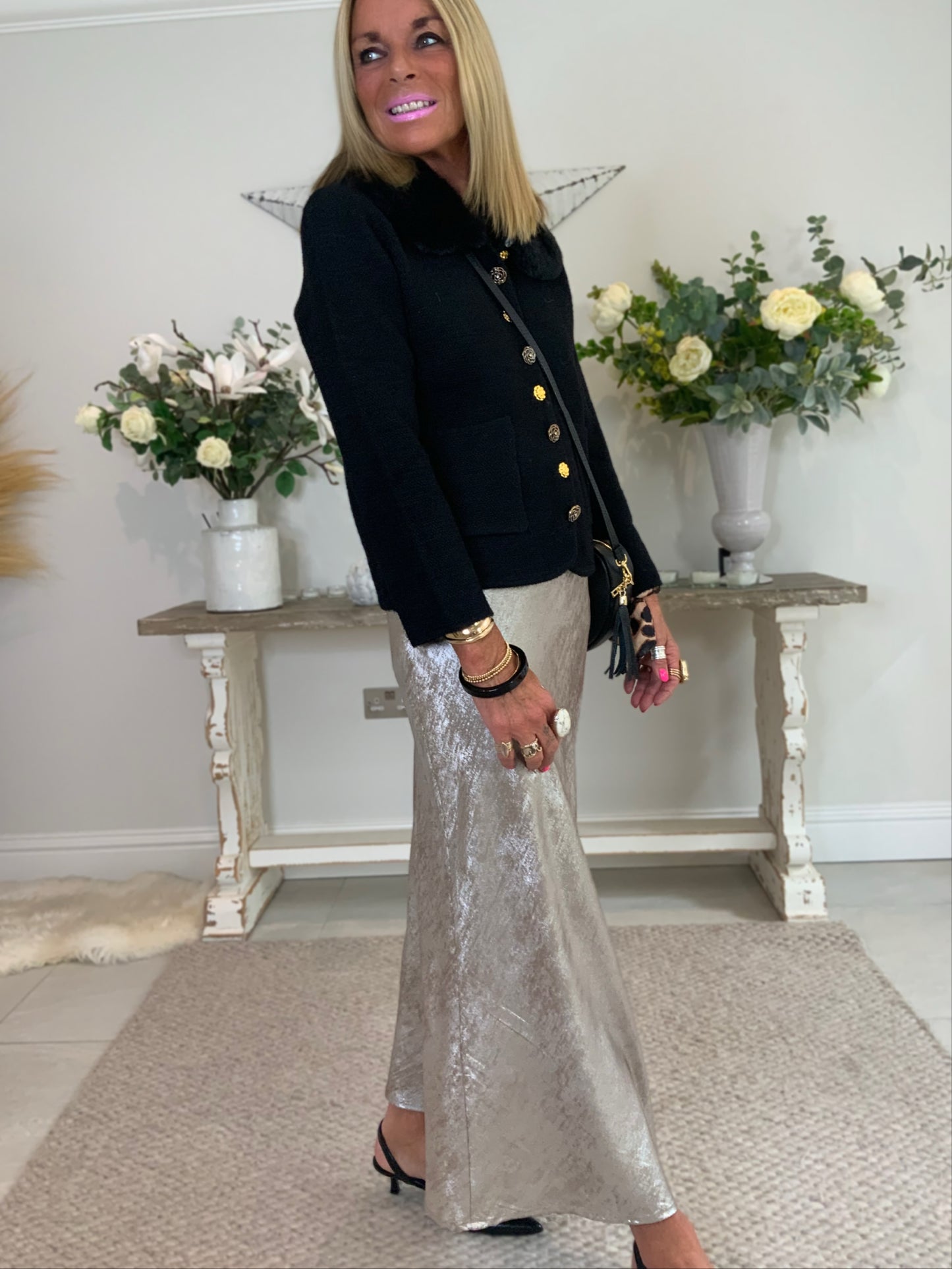 Metallic Bias-Cut Midi Skirt