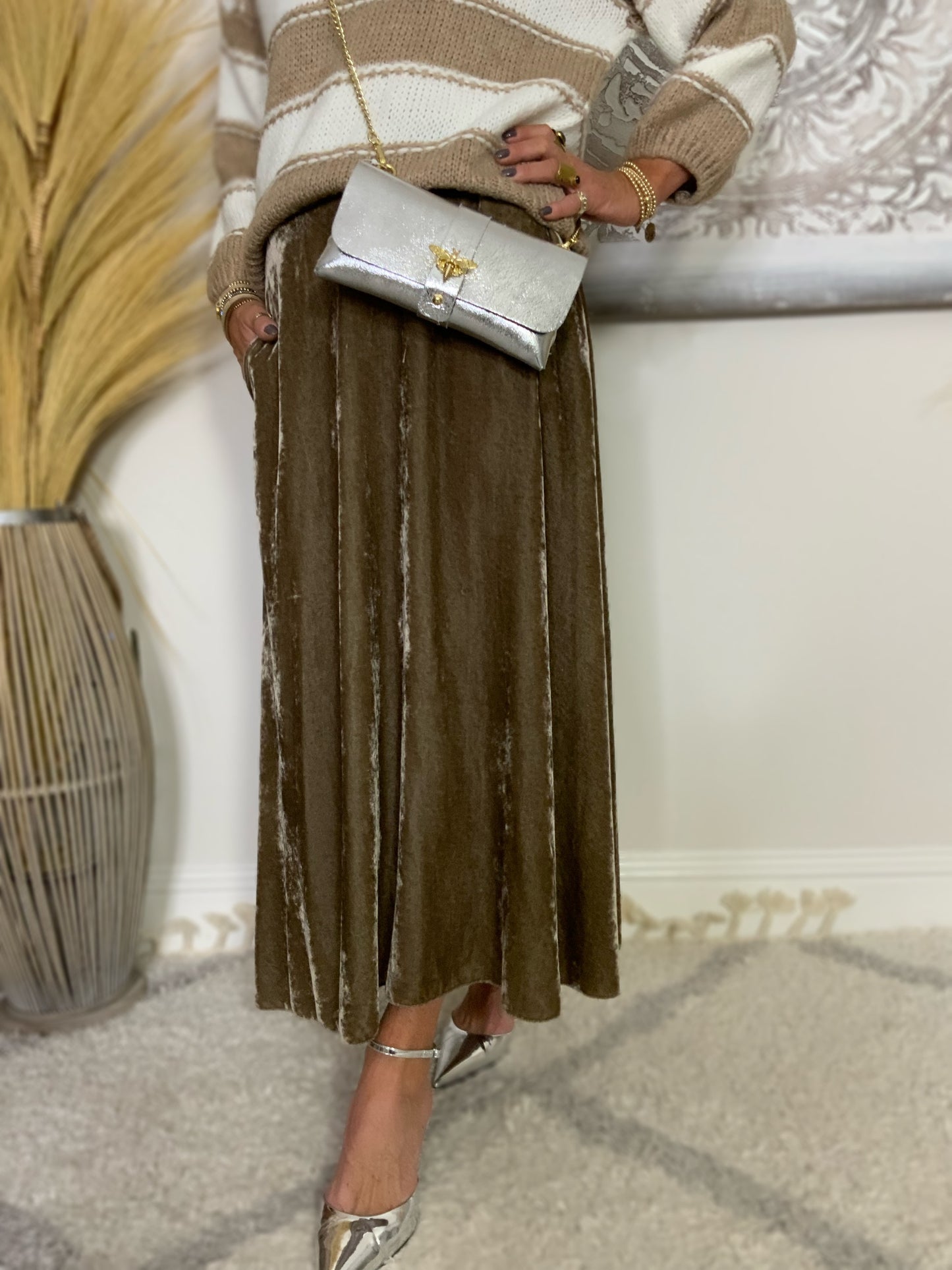 Evie Velvet Maxi Skirt Taupe