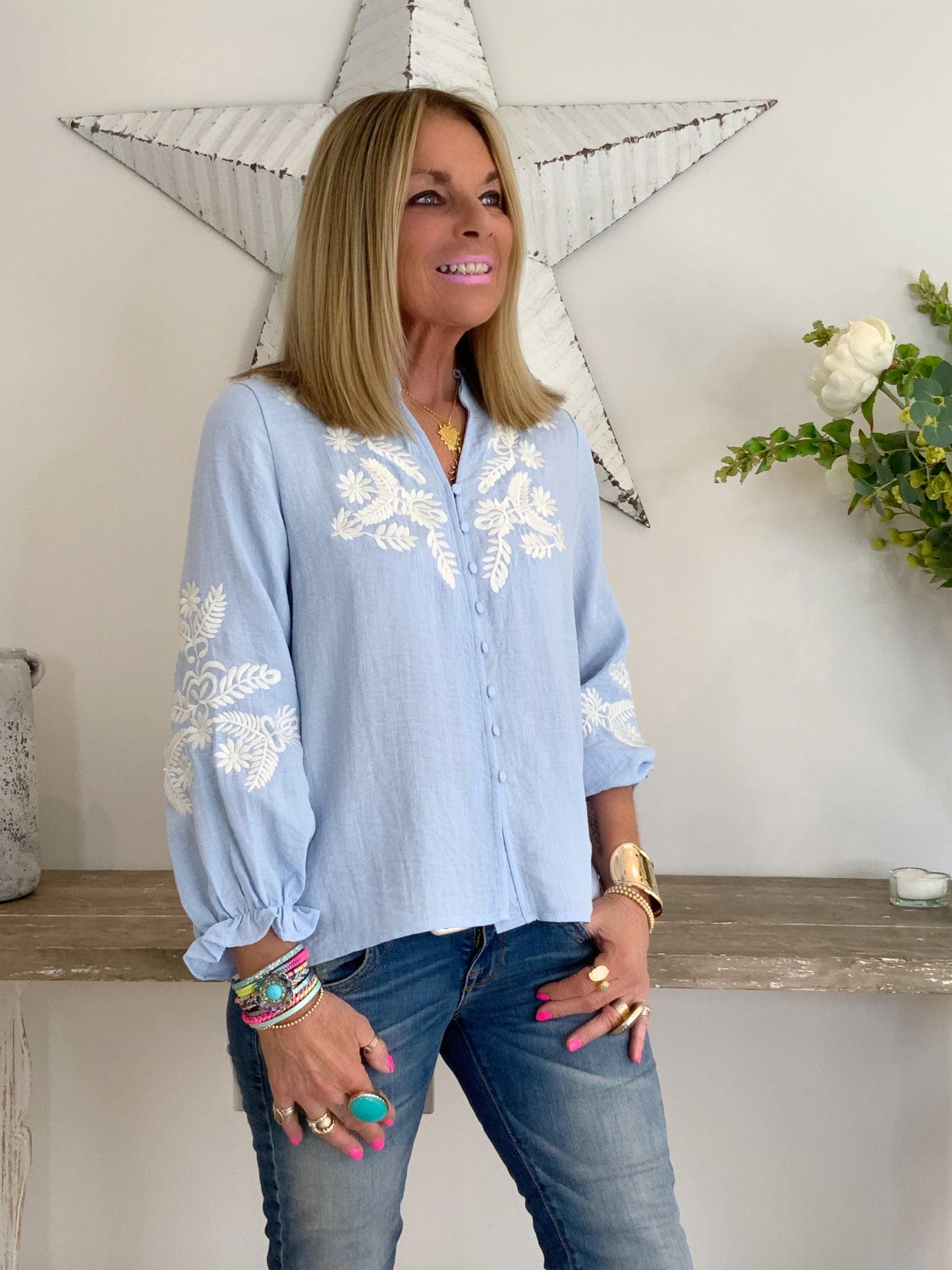 Kaya Ruffle Collar Embroidery Blouse