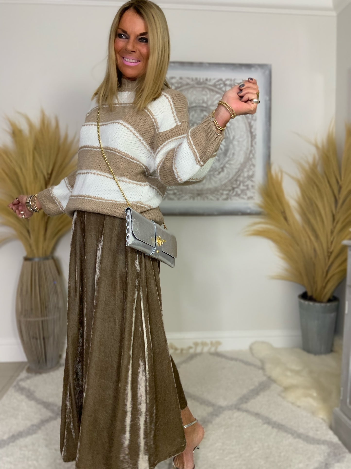 Evie Velvet Maxi Skirt Taupe