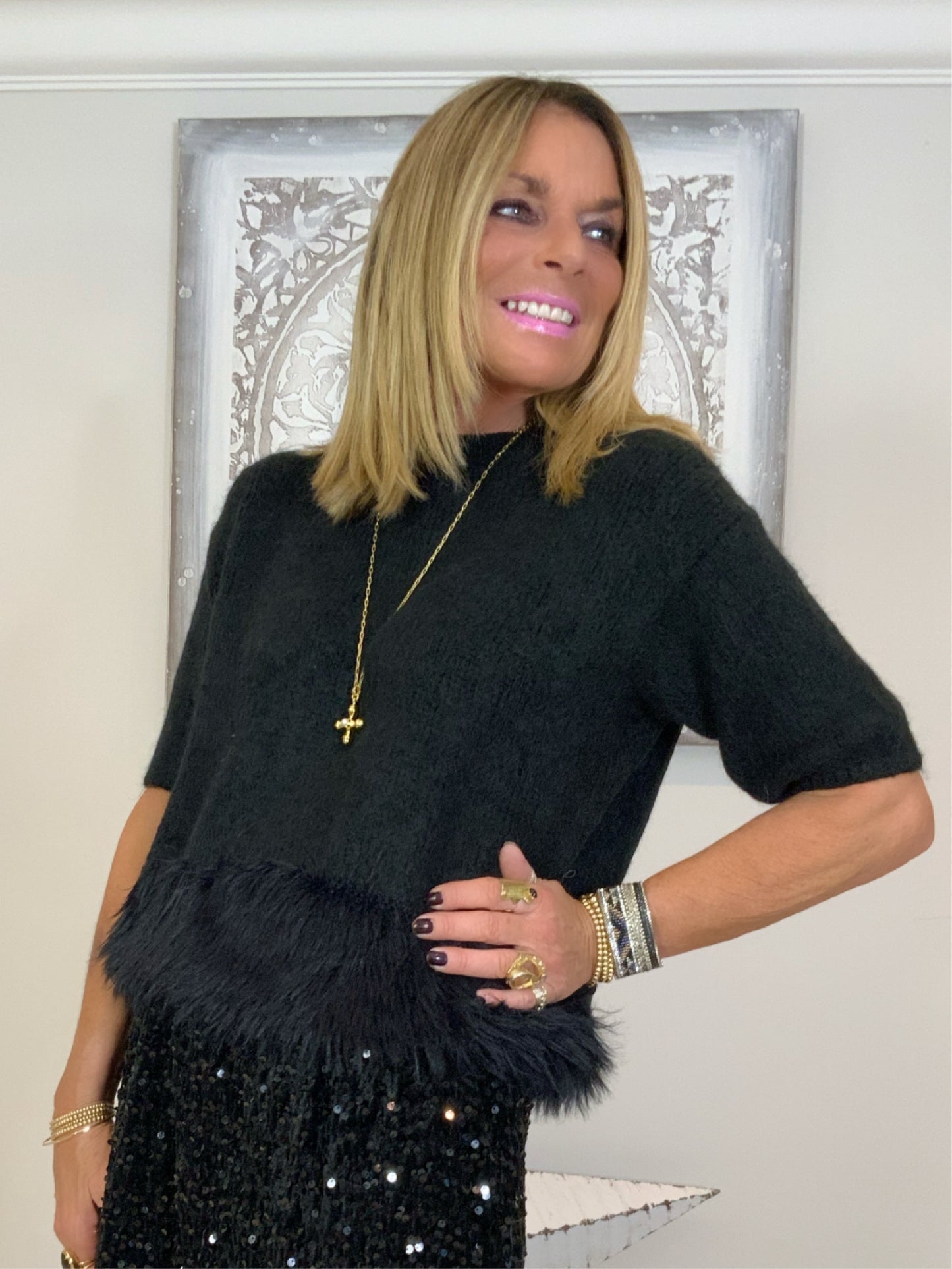 Short sleeve feather jumper