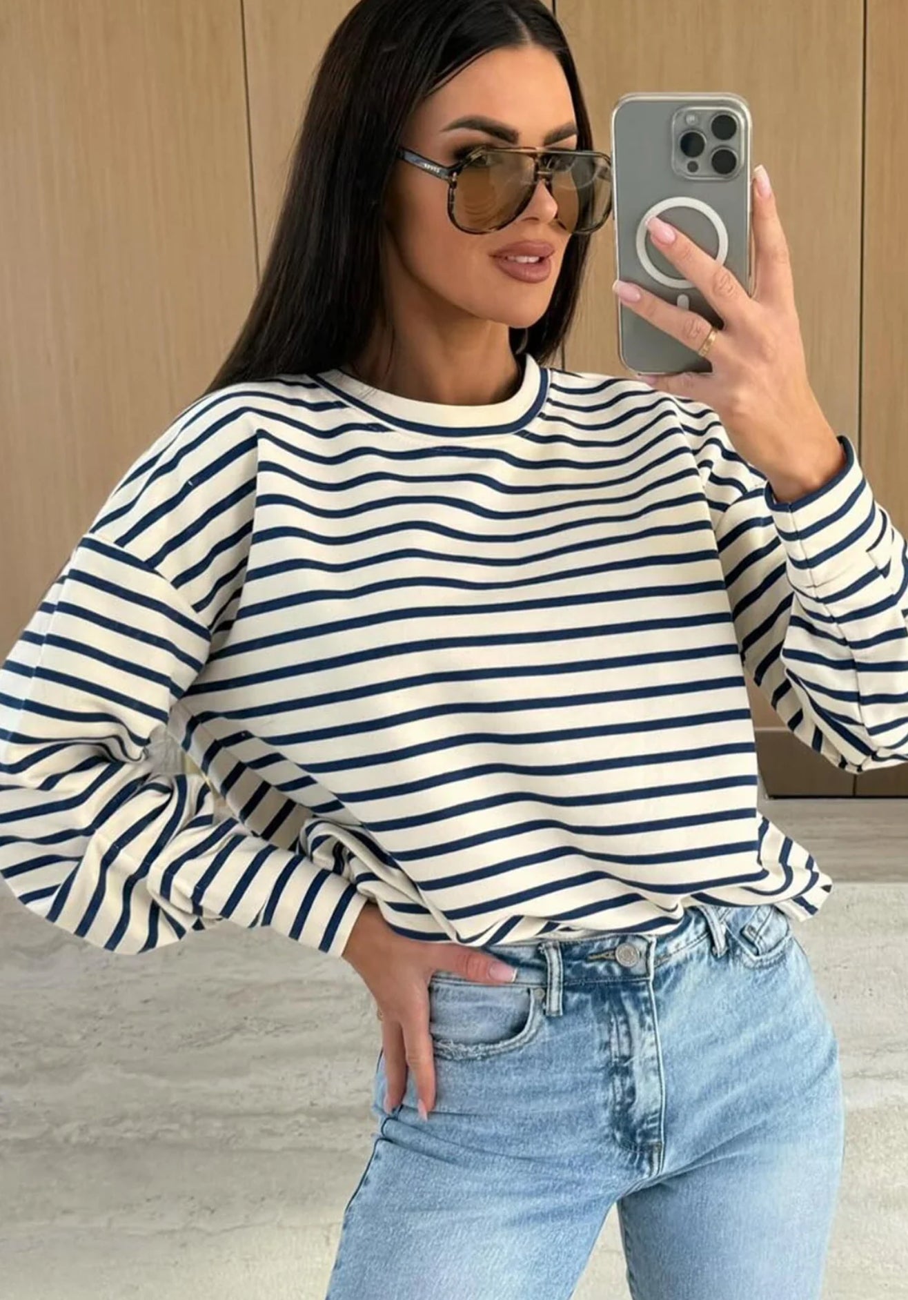 Jaz Striped Ruched Sleeve Tee-TOP