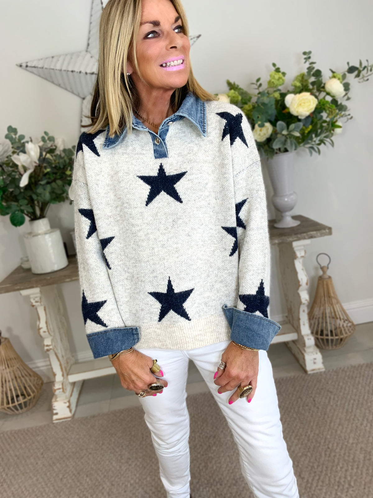 Denim Collar Star Jumper