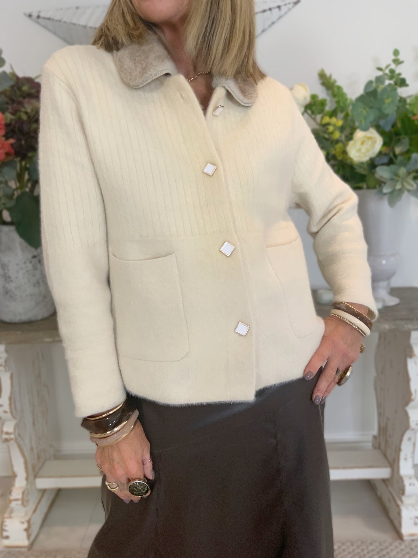 Ria Faux Fur-Collar Cardigan Jacket