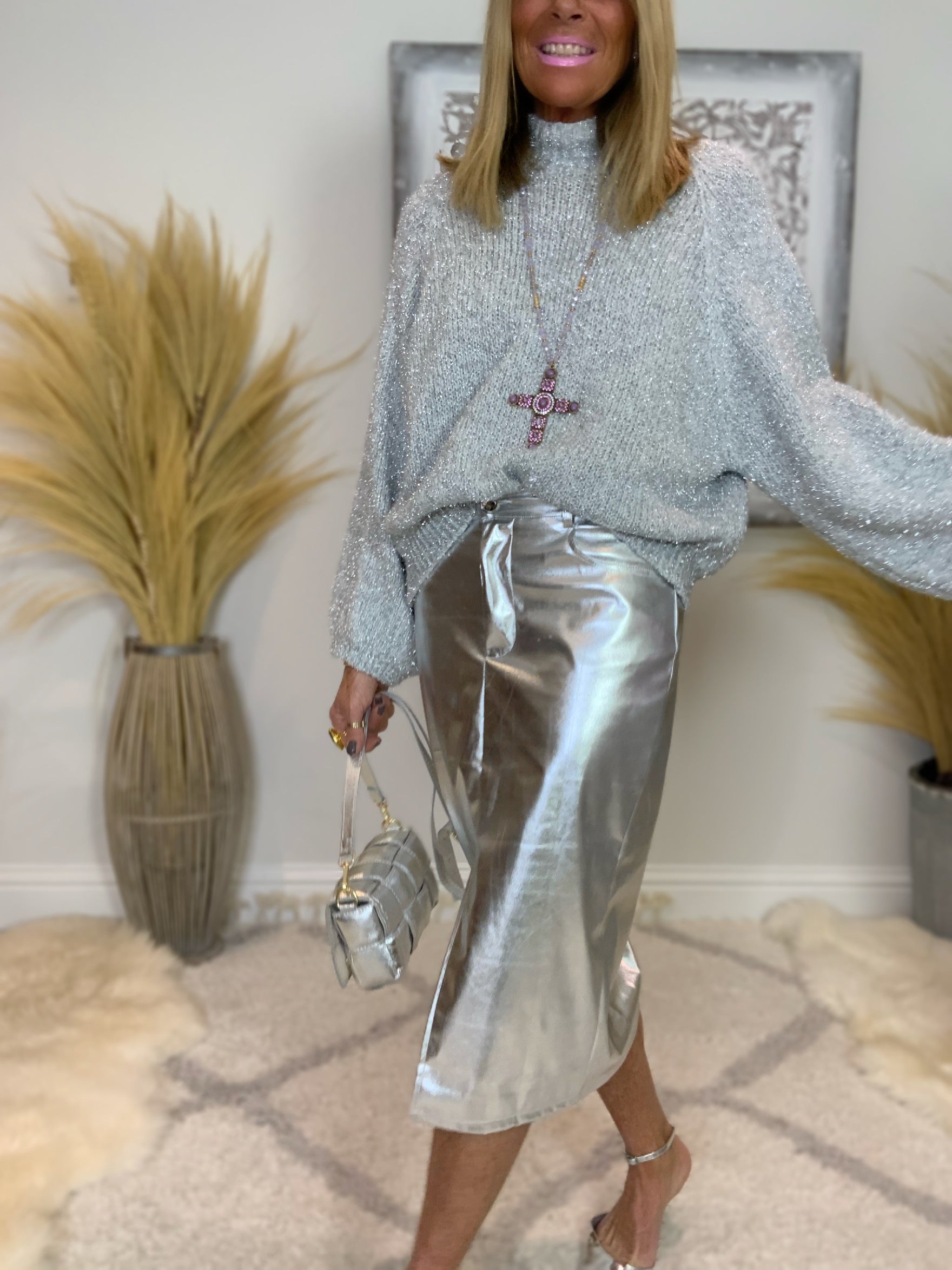 Metallic Silver Skirt Metallic Pleated Skirt Style Pleated Midi