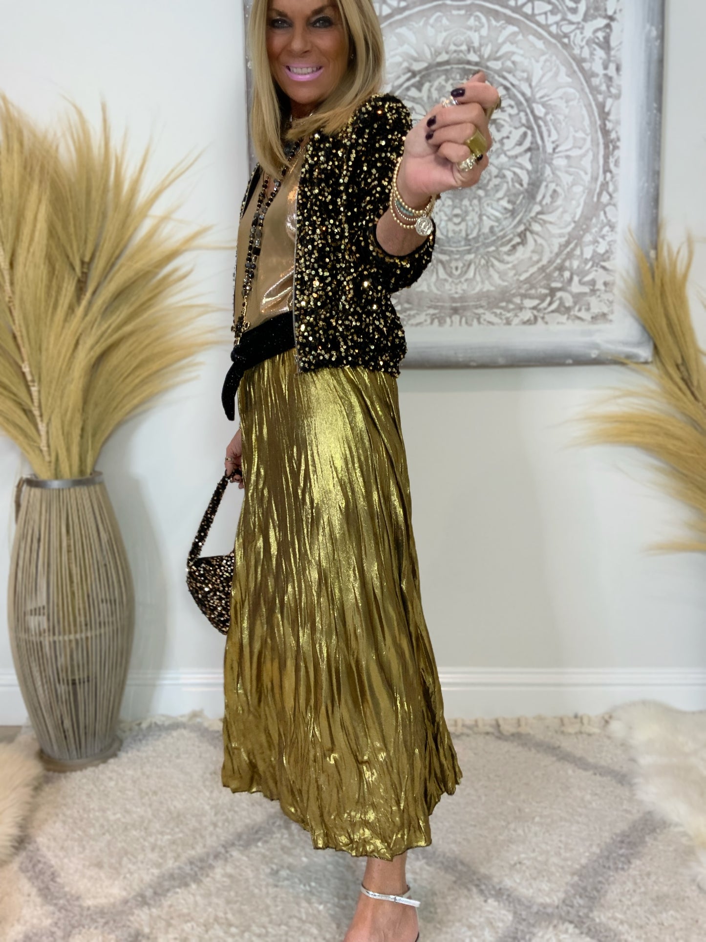 Savina Metallic Crinkle Maxi Skirt