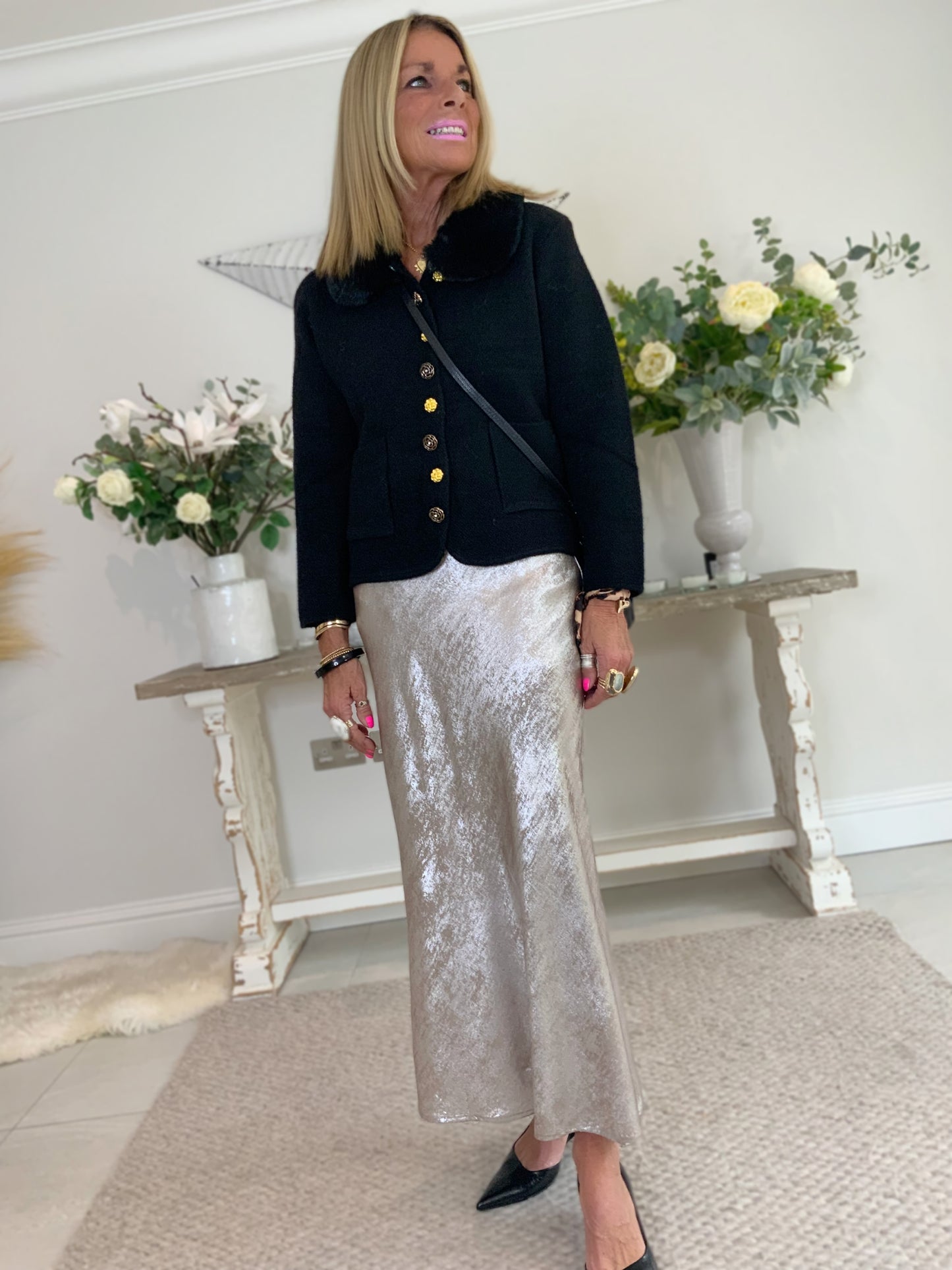 Metallic Bias-Cut Midi Skirt