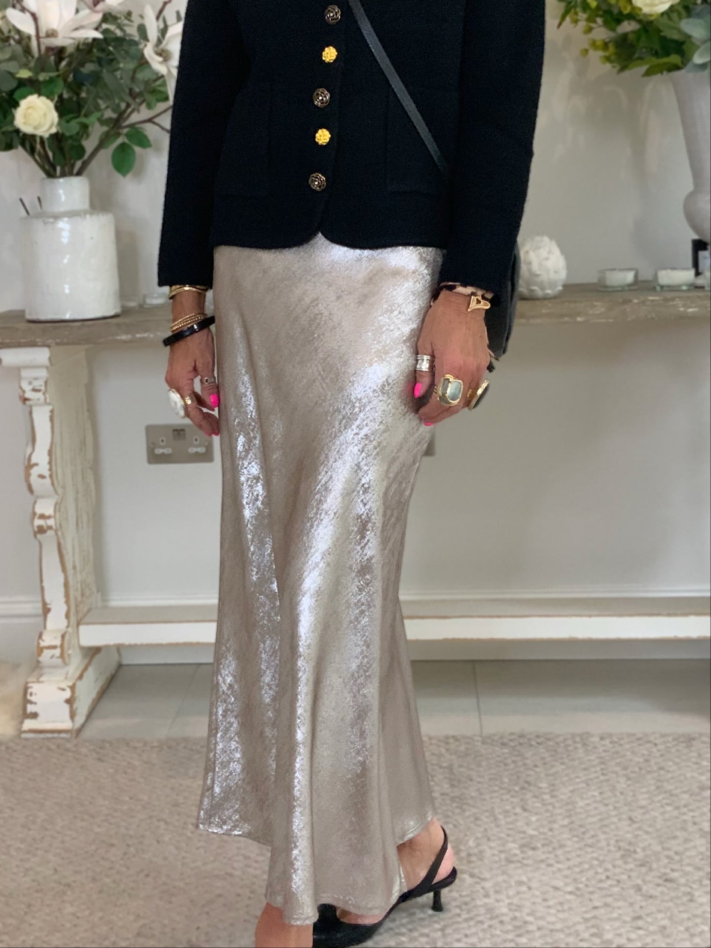 Metallic Bias-Cut Midi Skirt