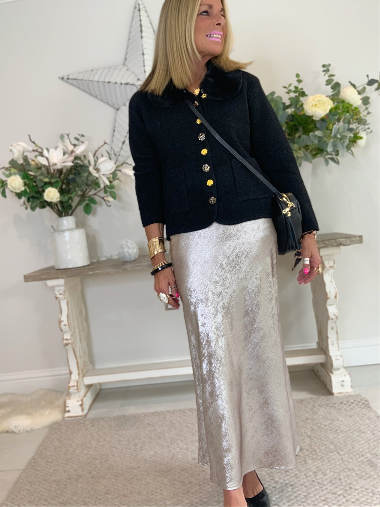 Metallic Bias-Cut Midi Skirt