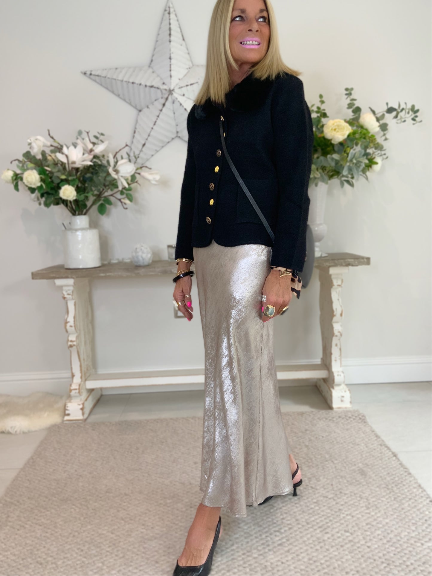 Metallic Bias-Cut Midi Skirt