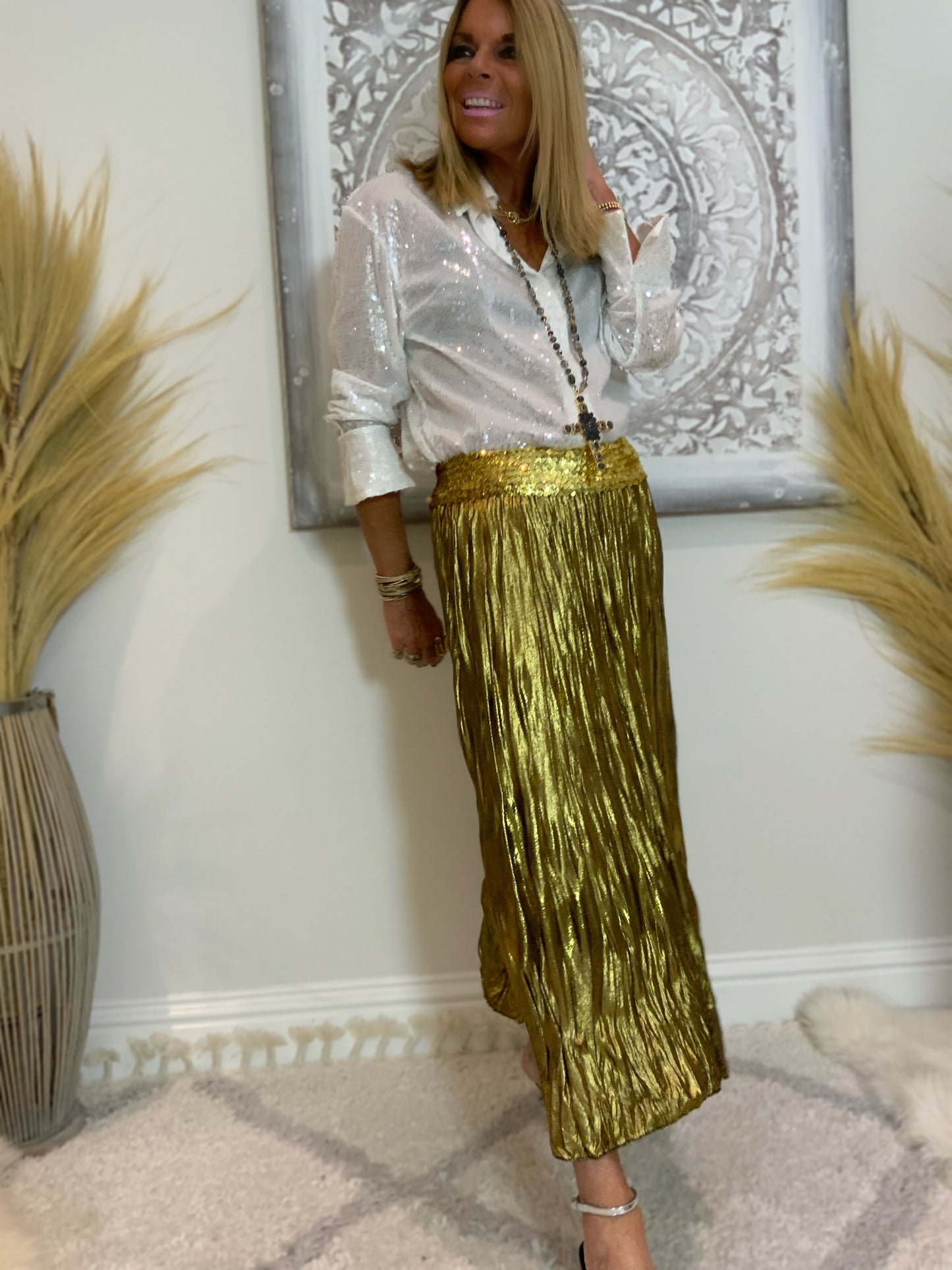 Savina Metallic Crinkle Maxi Skirt