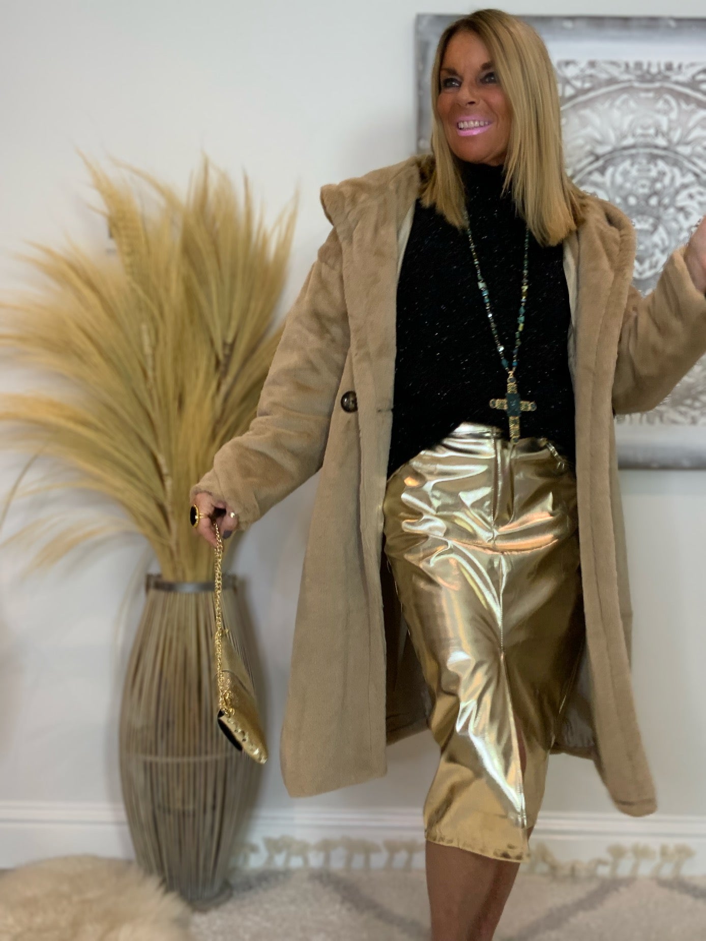 Metallic Faux Leather Pencil Skirt