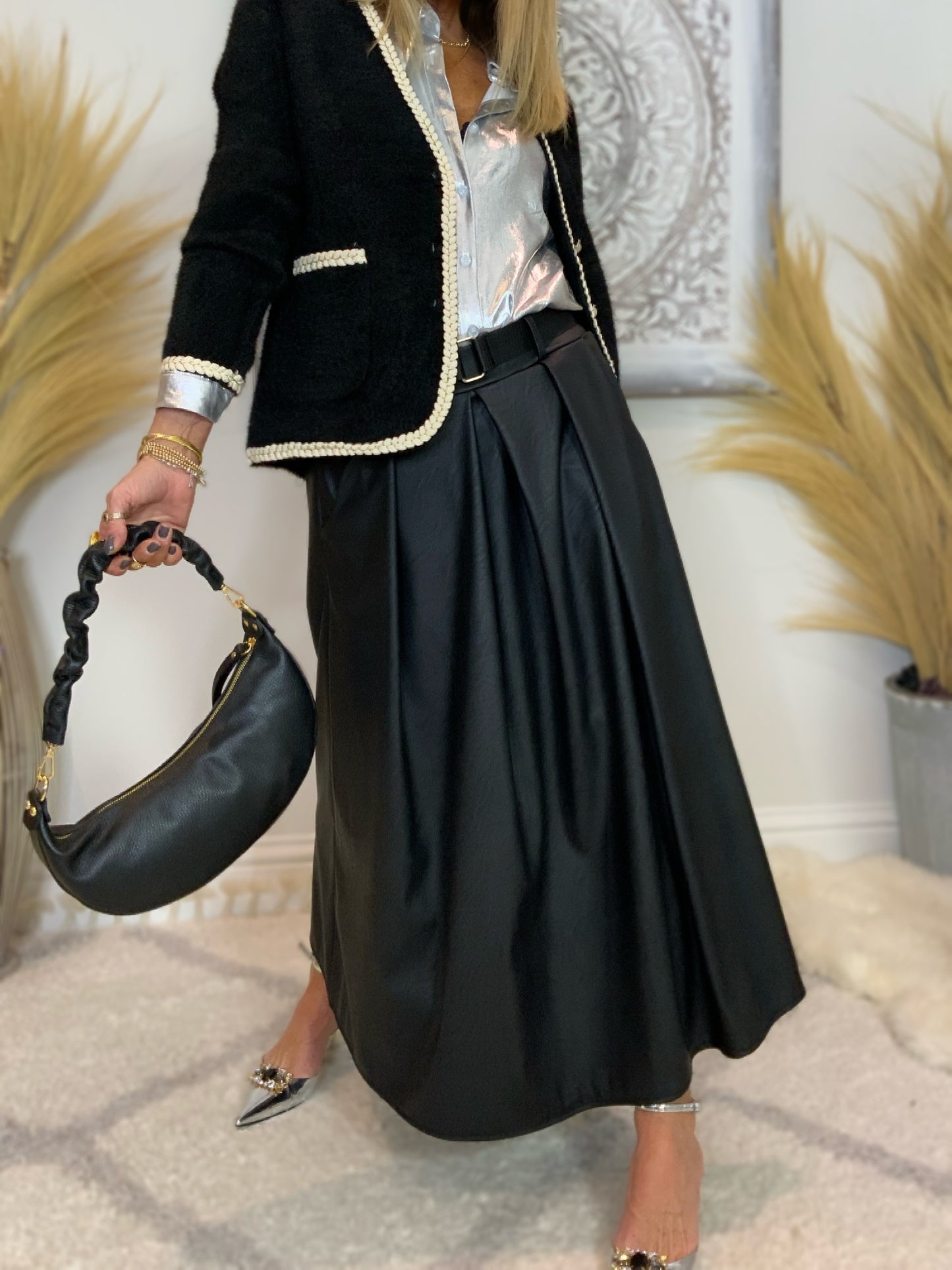 Pleated Faux Leather Maxi Skirt