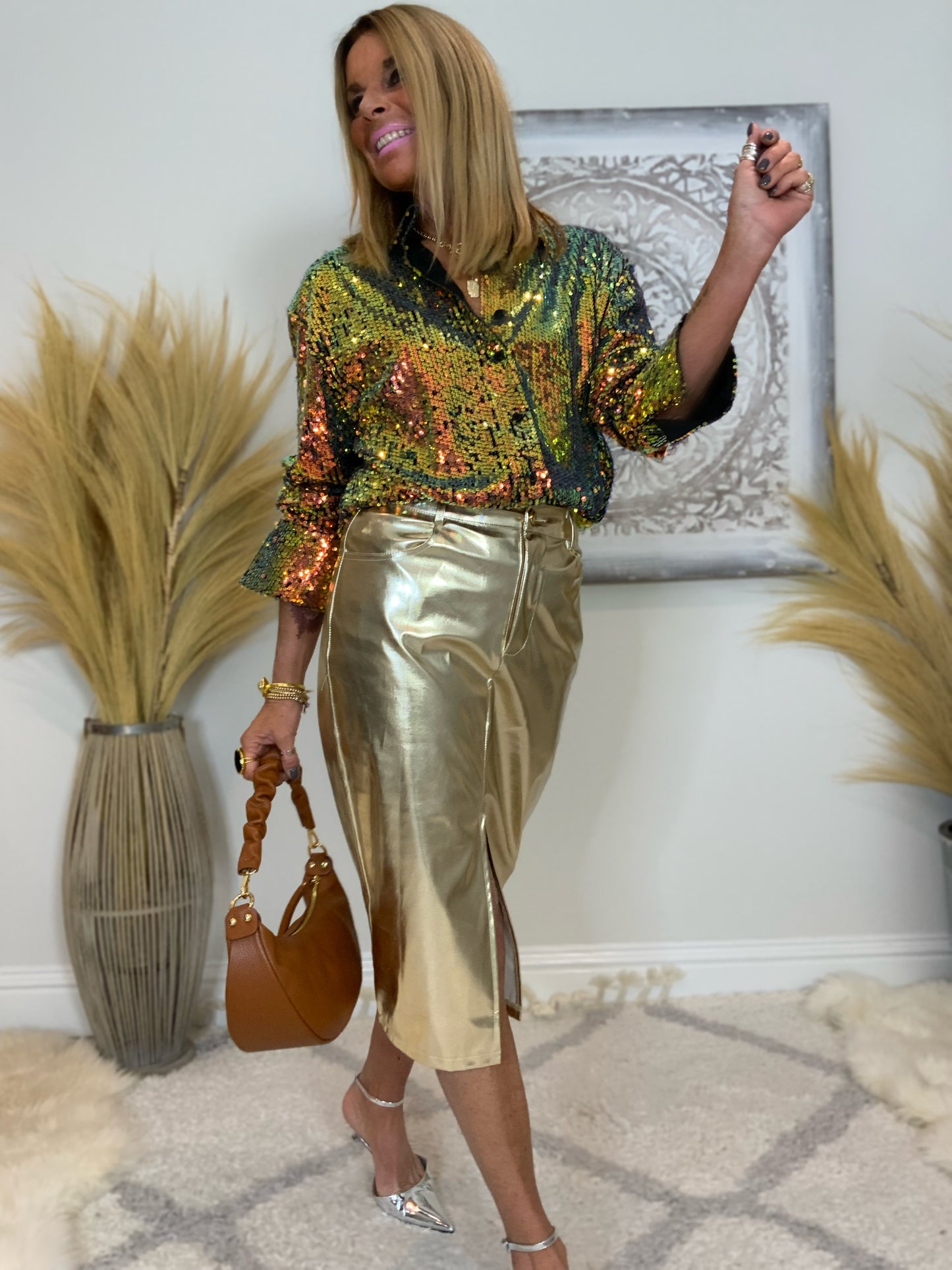 Metallic Faux Leather Pencil Skirt