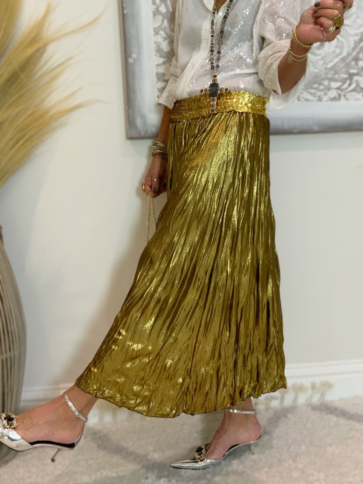 Savina Metallic Crinkle Maxi Skirt