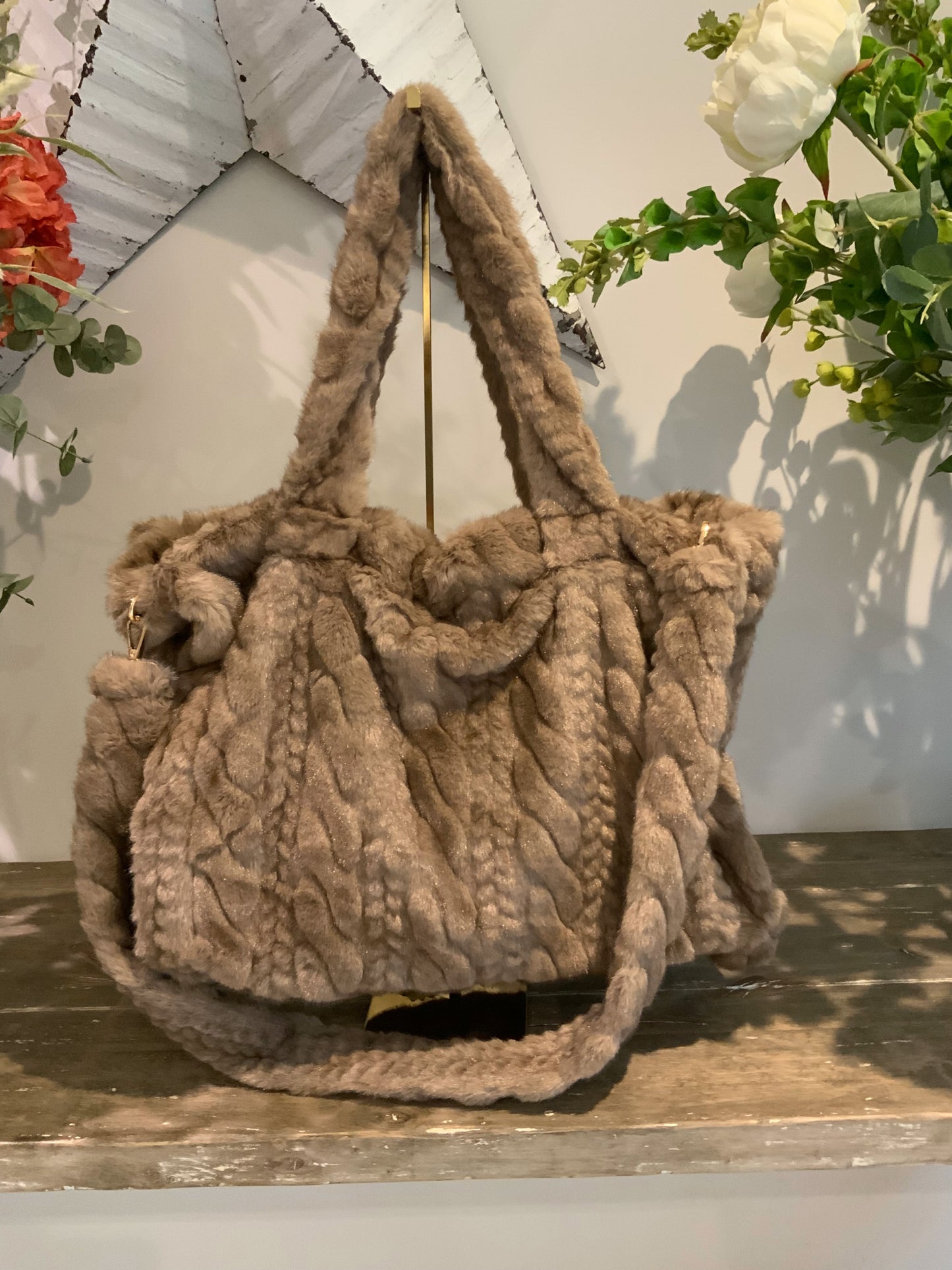 Cable Faux Fur Tote Bag