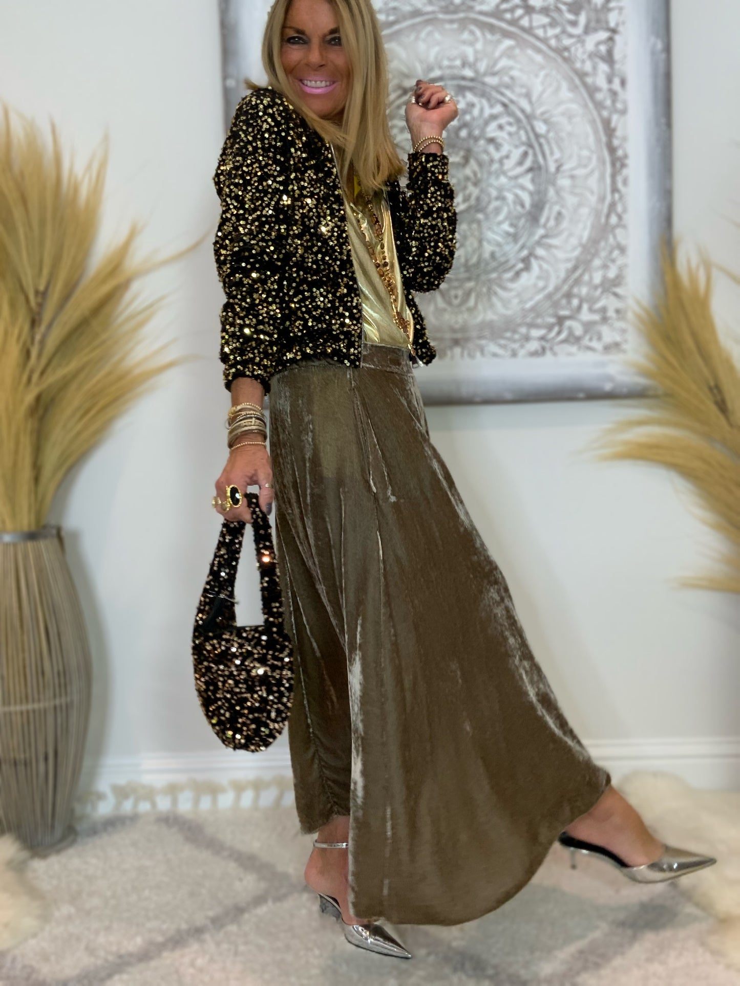 Evie Velvet Maxi Skirt Taupe
