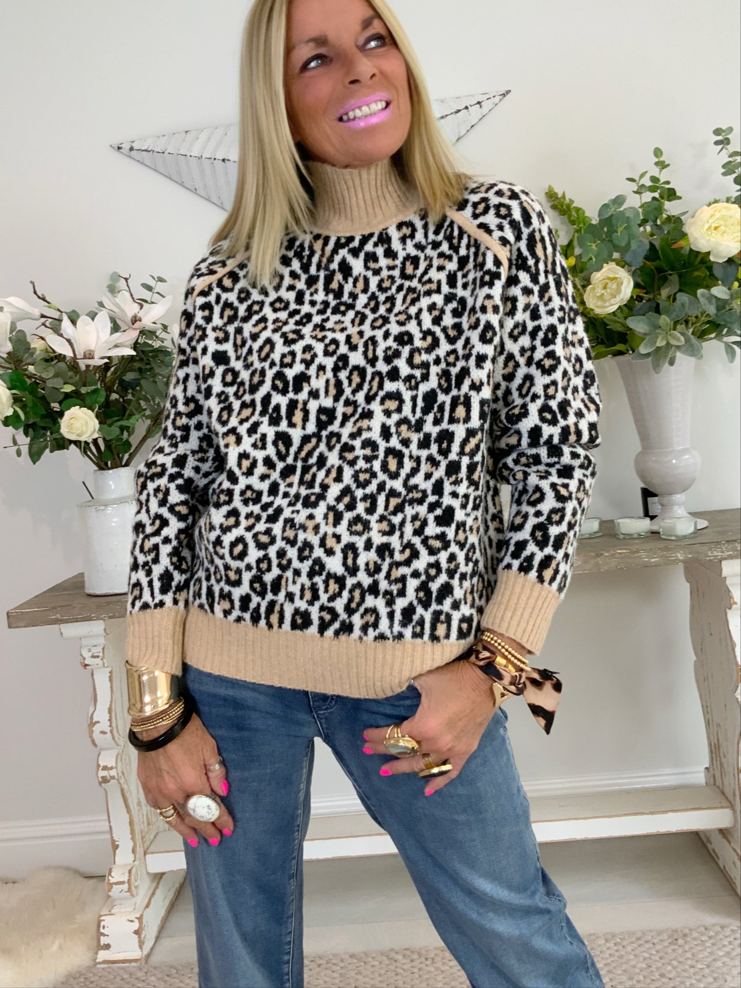 High-Neck Leopard Print Jumper