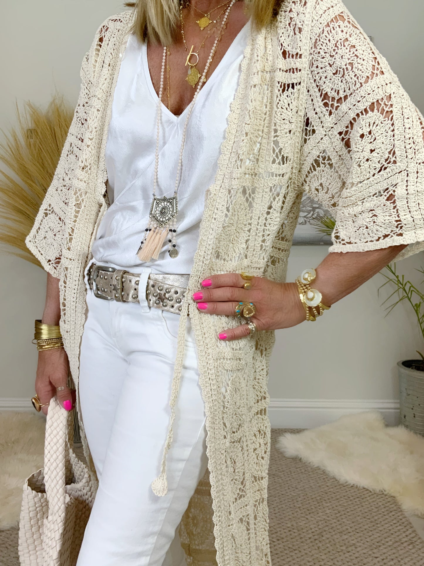 Longline Crochet Tie Cardigan Kimono
