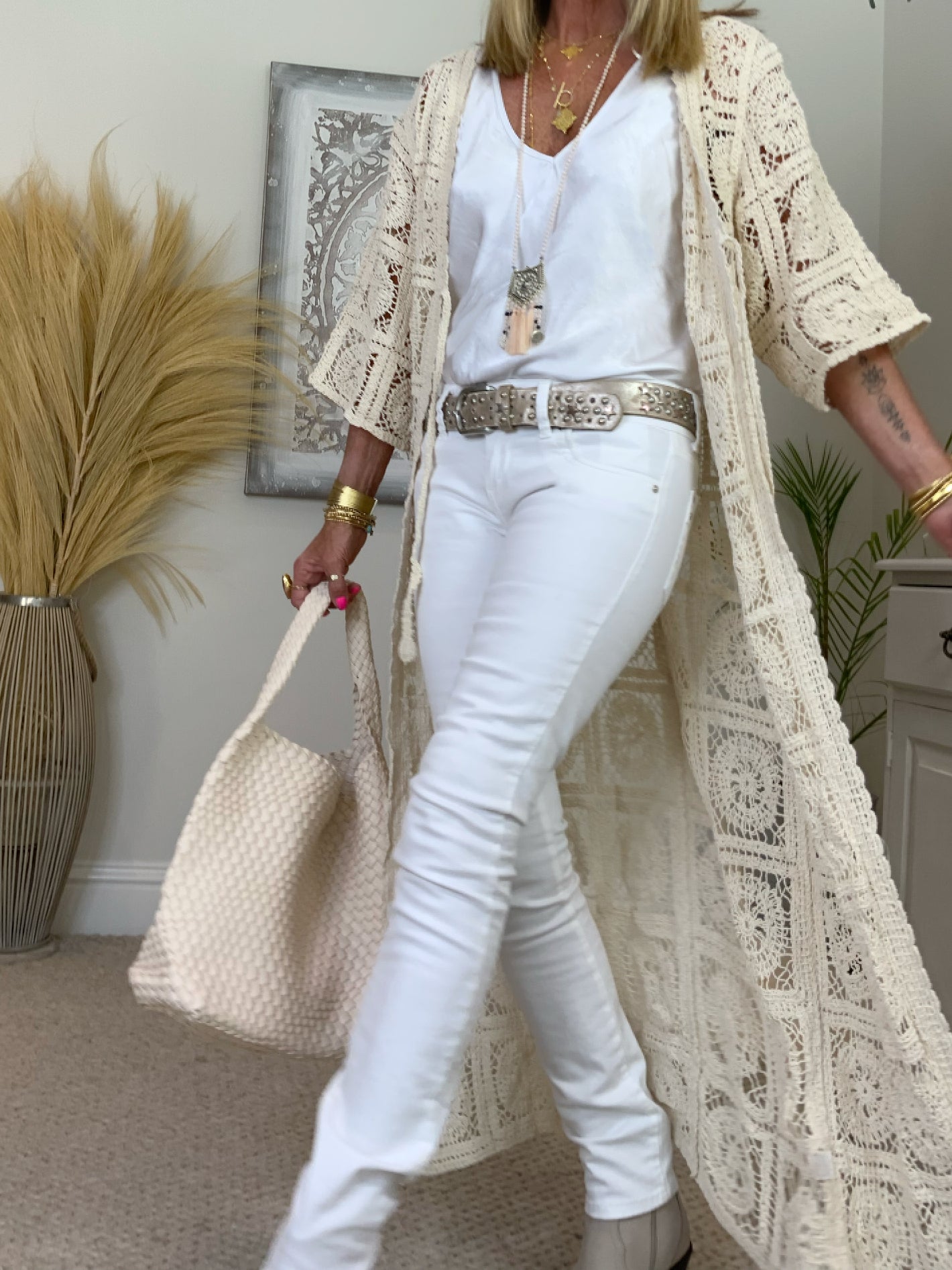Longline Crochet Tie Cardigan Kimono