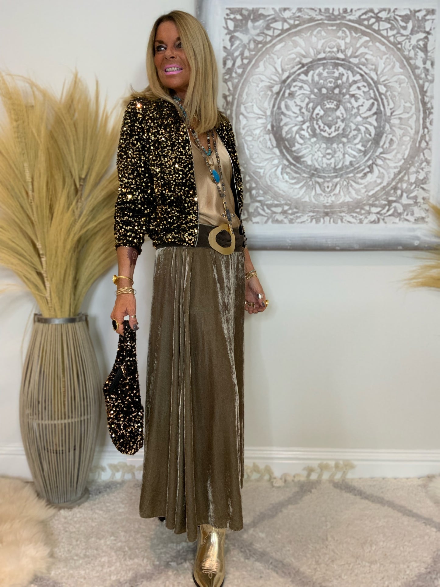Evie Velvet Maxi Skirt Taupe