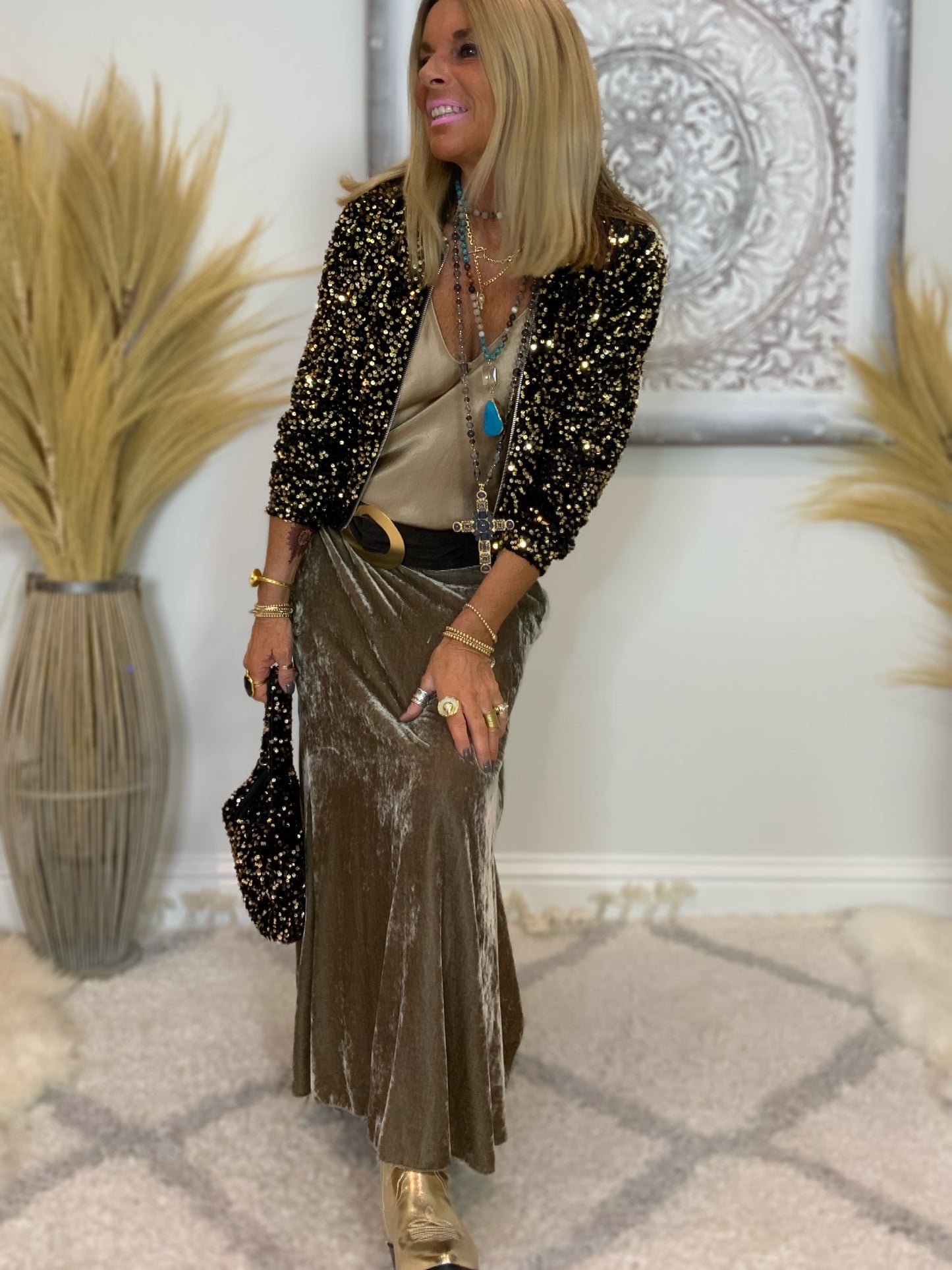 Evie Velvet Maxi Skirt Taupe