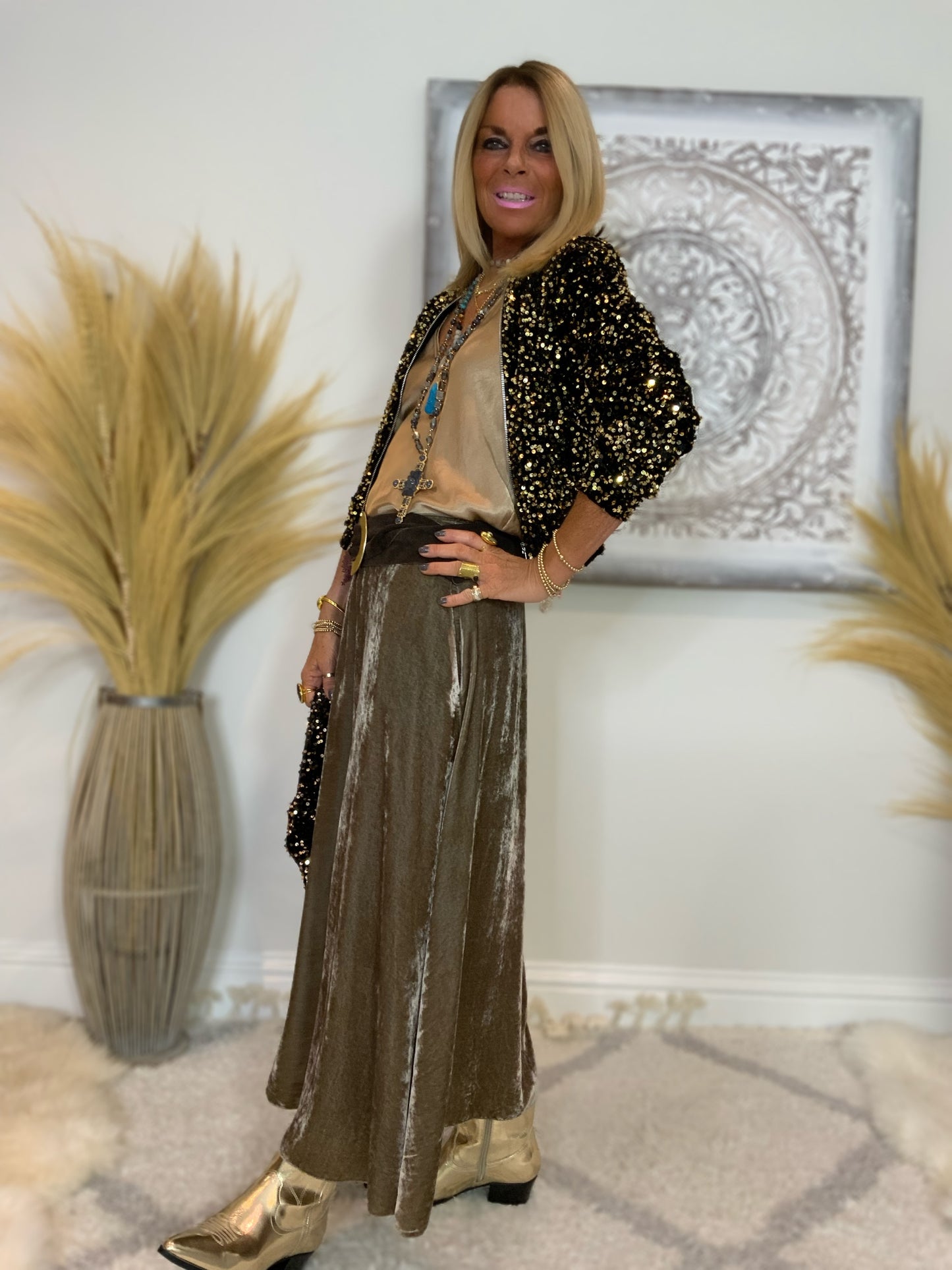 Velvet maxi skirt in taupe