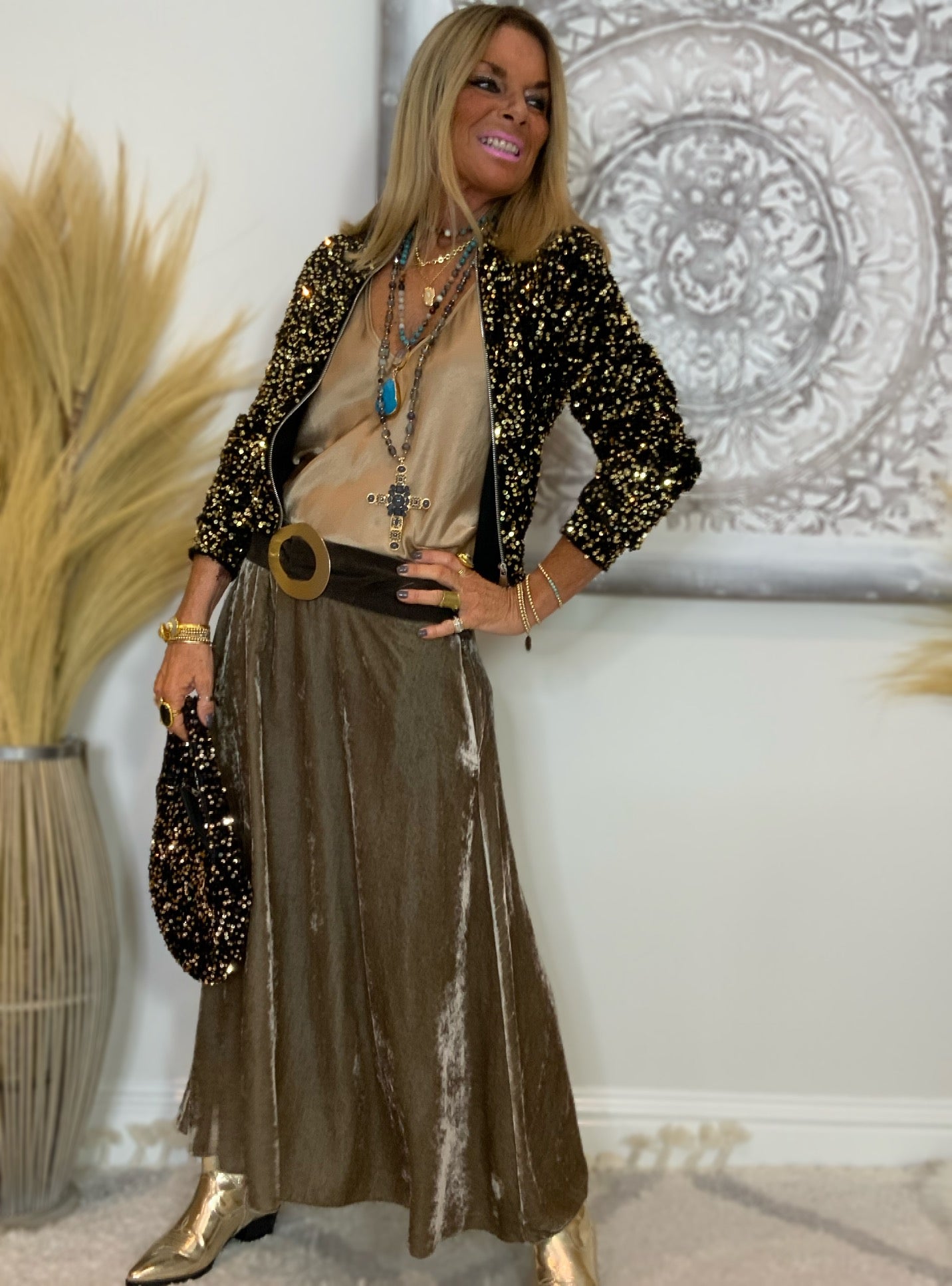 Evie Velvet Maxi Skirt Taupe
