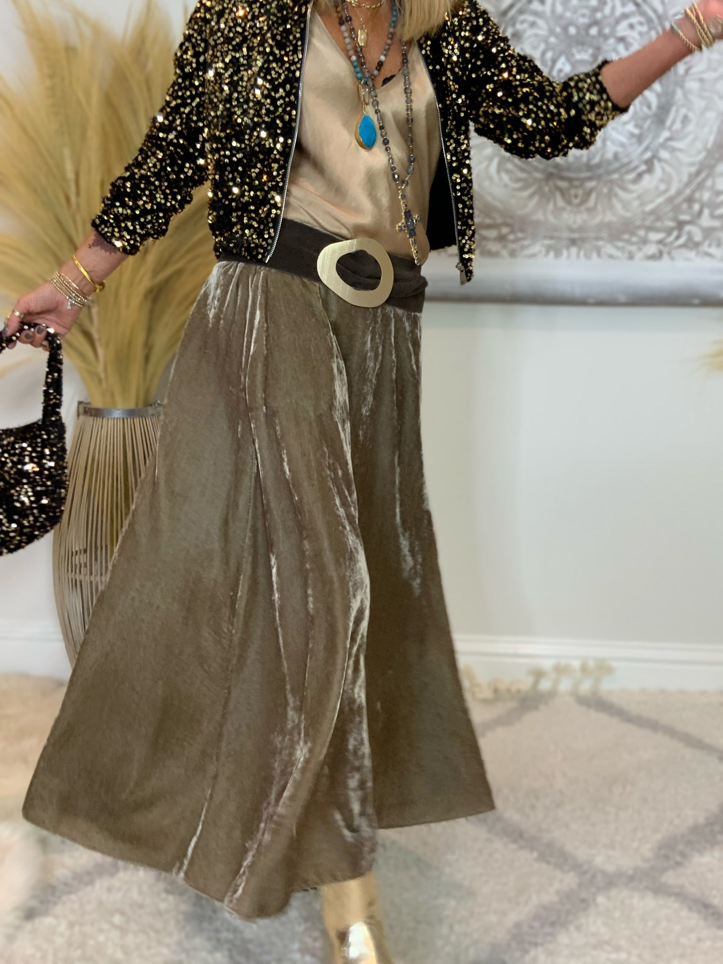 Evie Velvet Maxi Skirt Taupe
