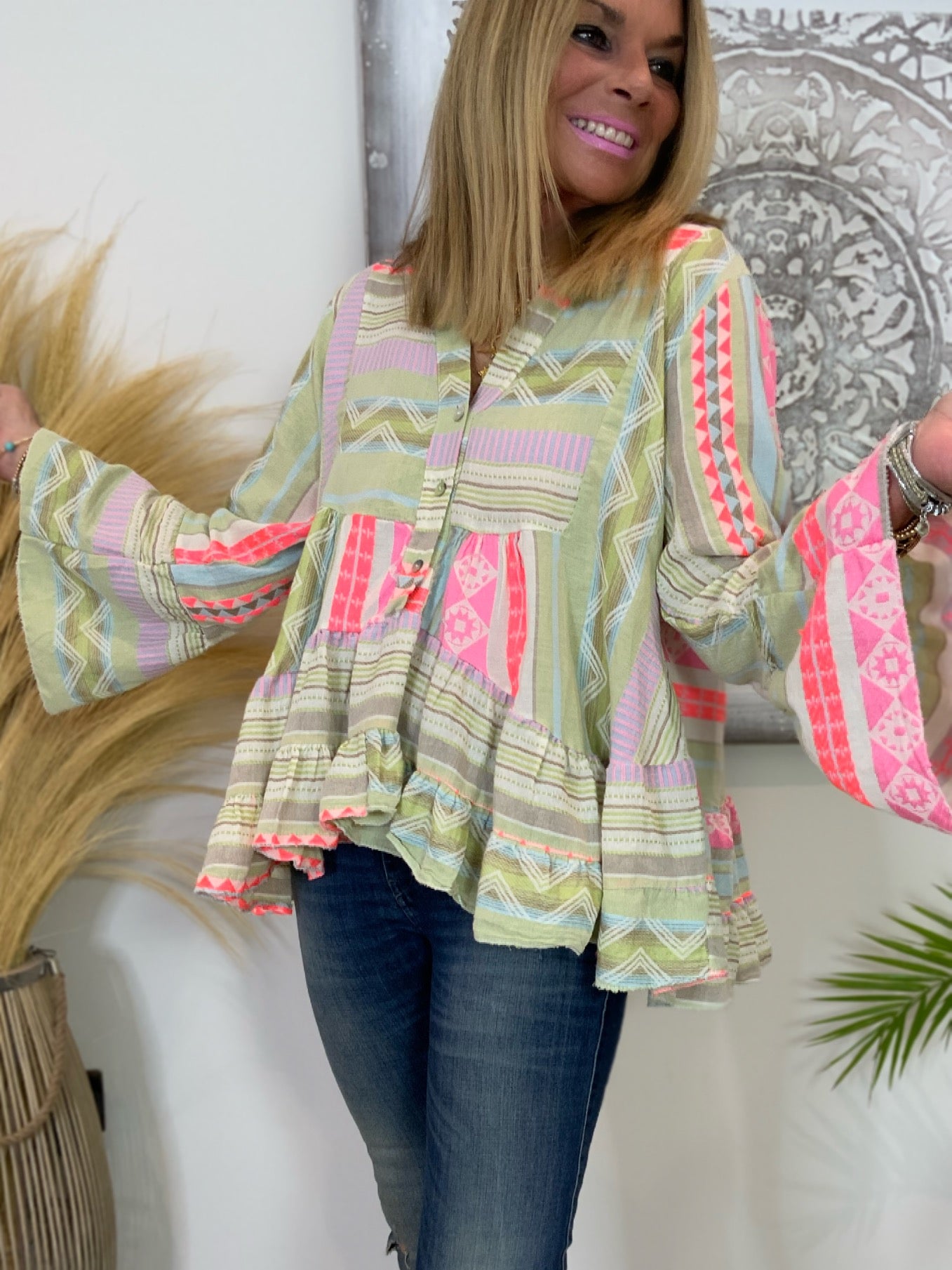 Aztec Print Smock Top