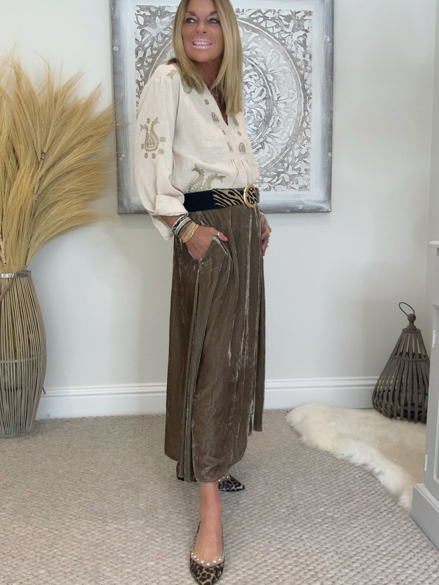 Evie Velvet Maxi Skirt Taupe