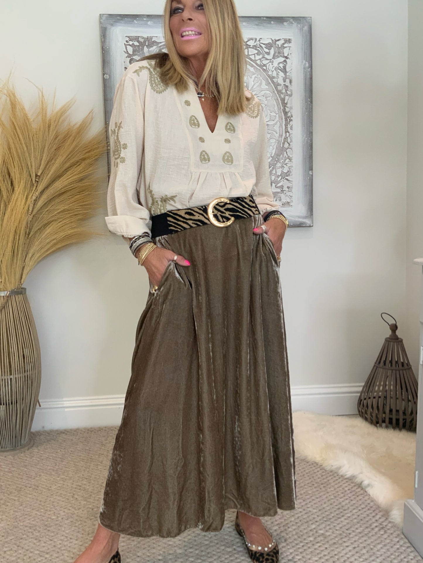 Evie Velvet Maxi Skirt Taupe