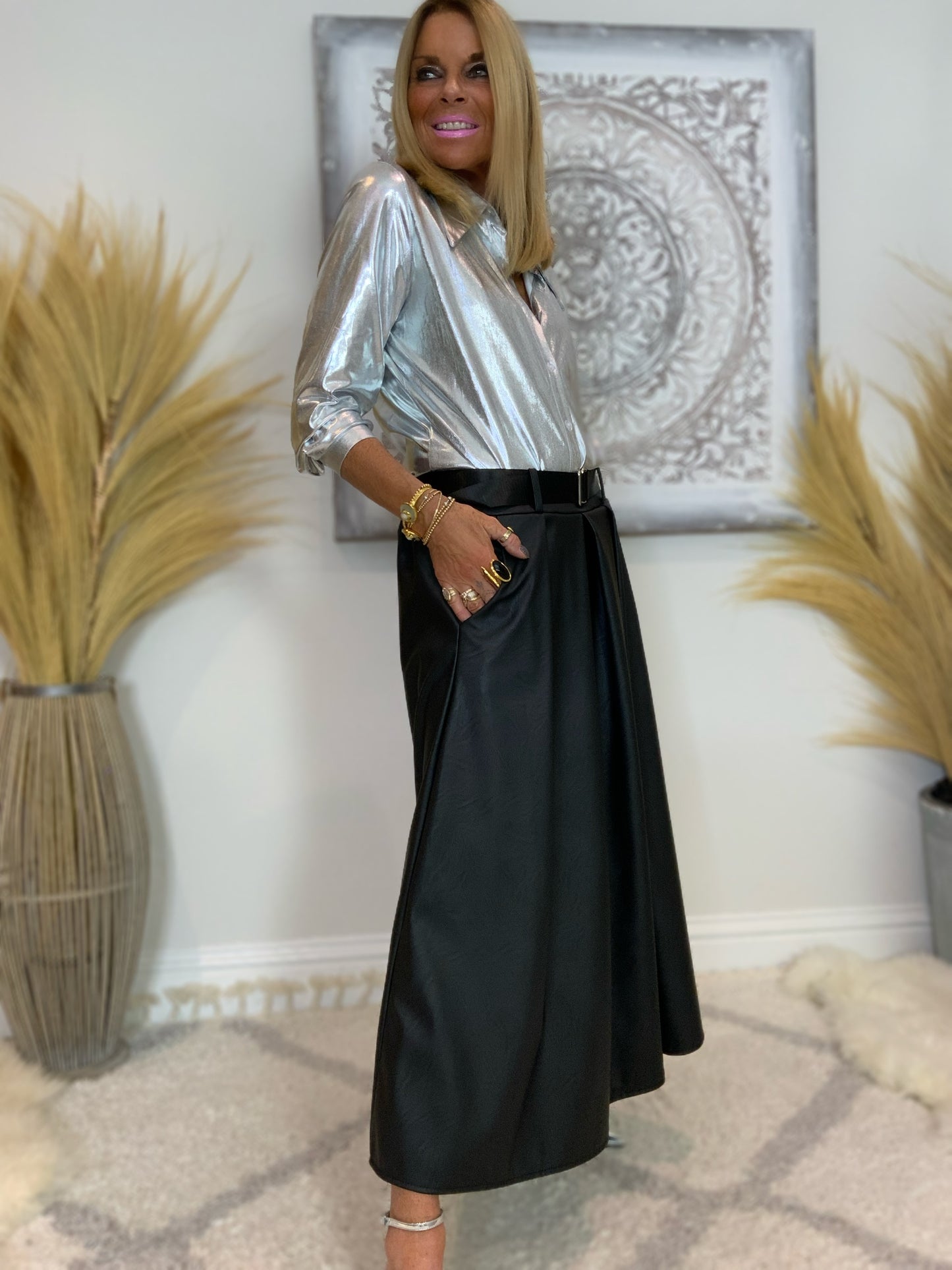 Pleated Faux Leather Maxi Skirt