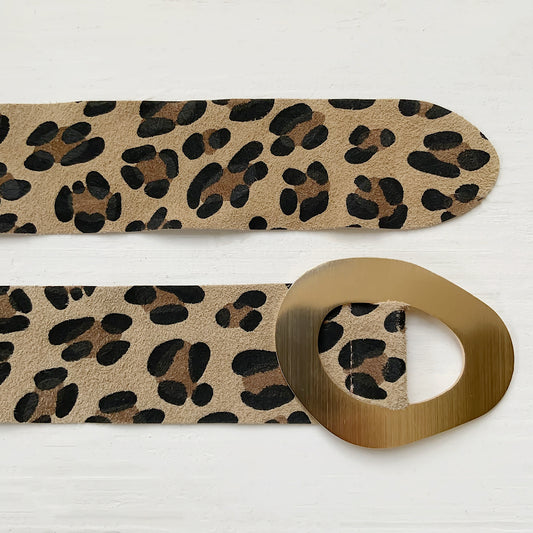 Gold Buckle Suede Leopard Belt