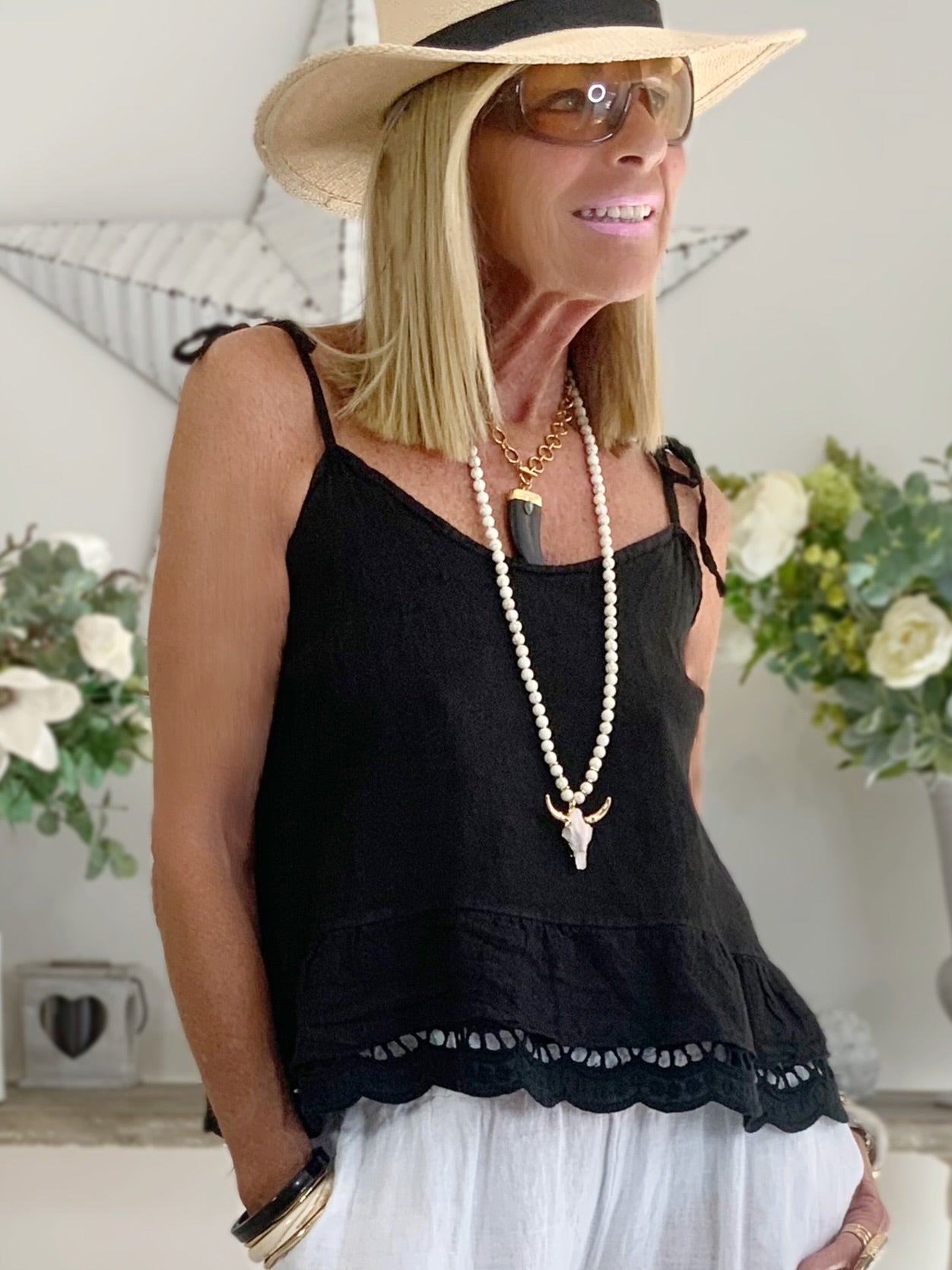 Linen Strappy Top With Broderie Hem