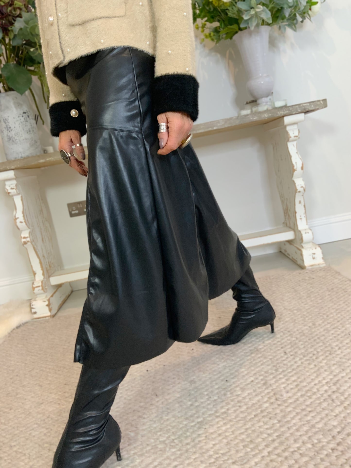Faux Leather Panelled Midi Skirt