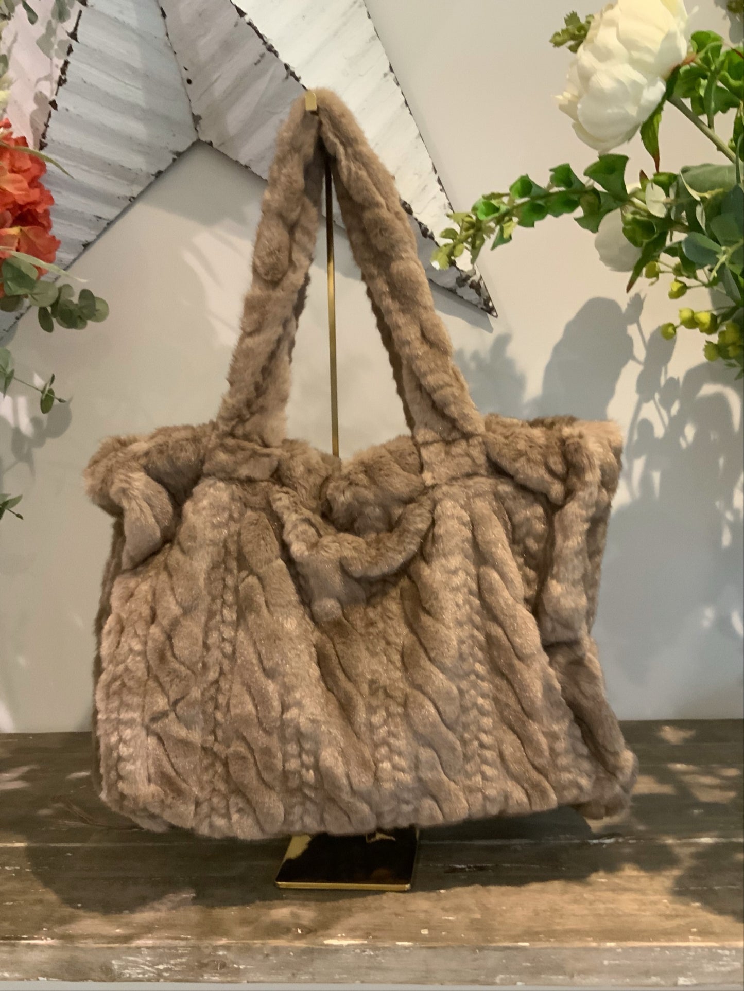 Cable Faux Fur Tote Bag
