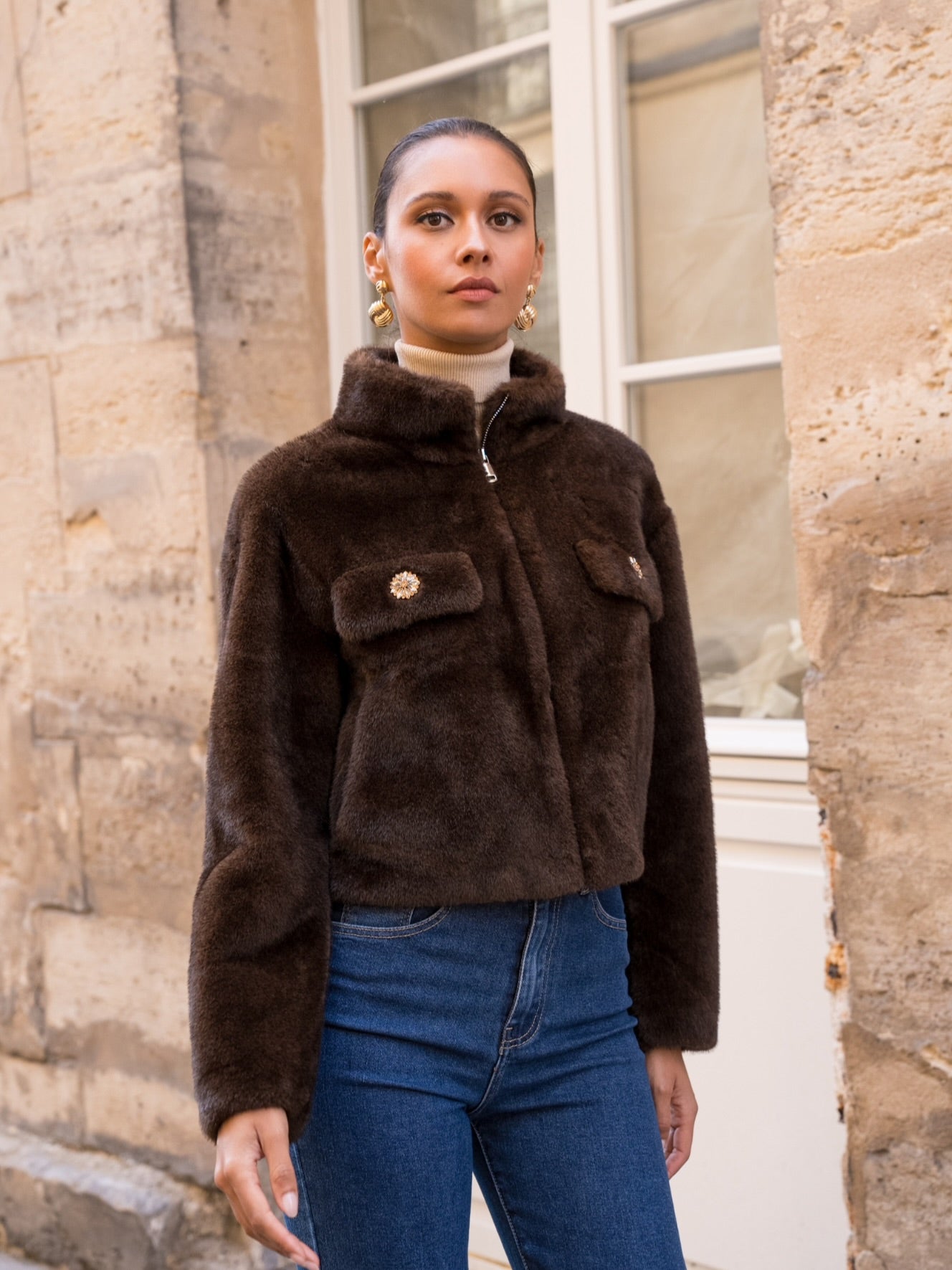 Faux Fur Jacket With Statement Buttons
