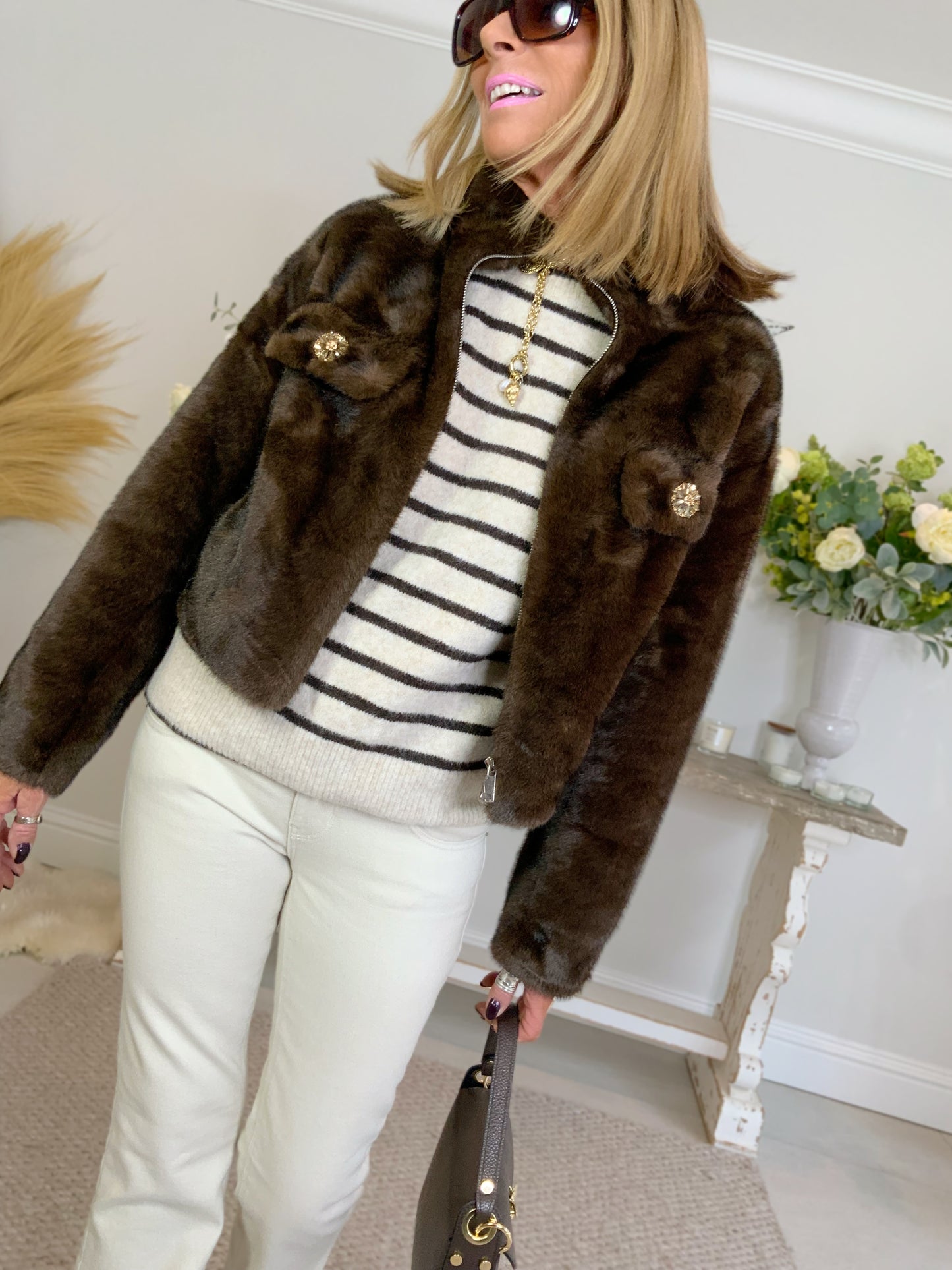 Faux Fur Jacket With Statement Buttons