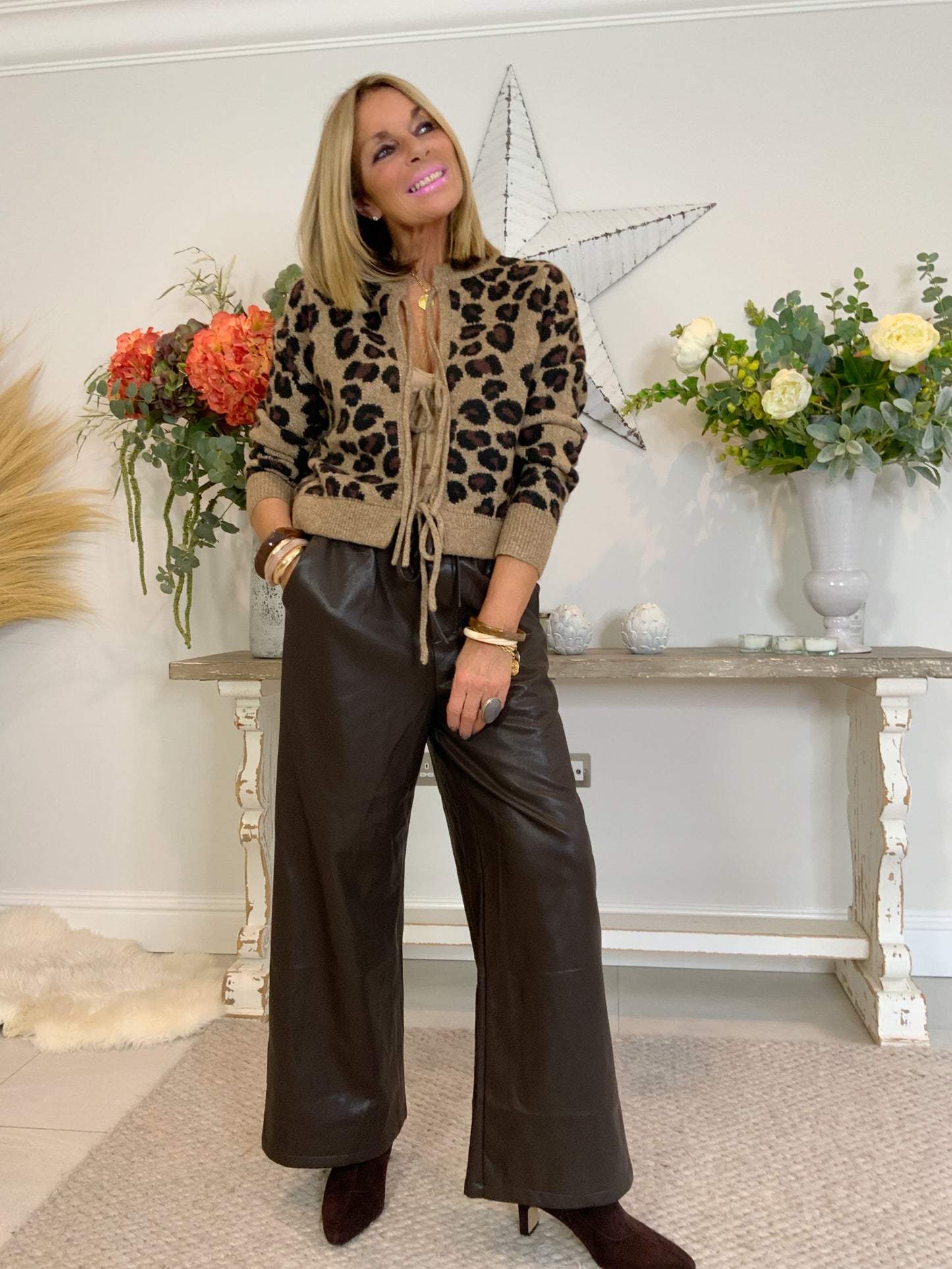 Faux Leather Wide-Leg Trousers