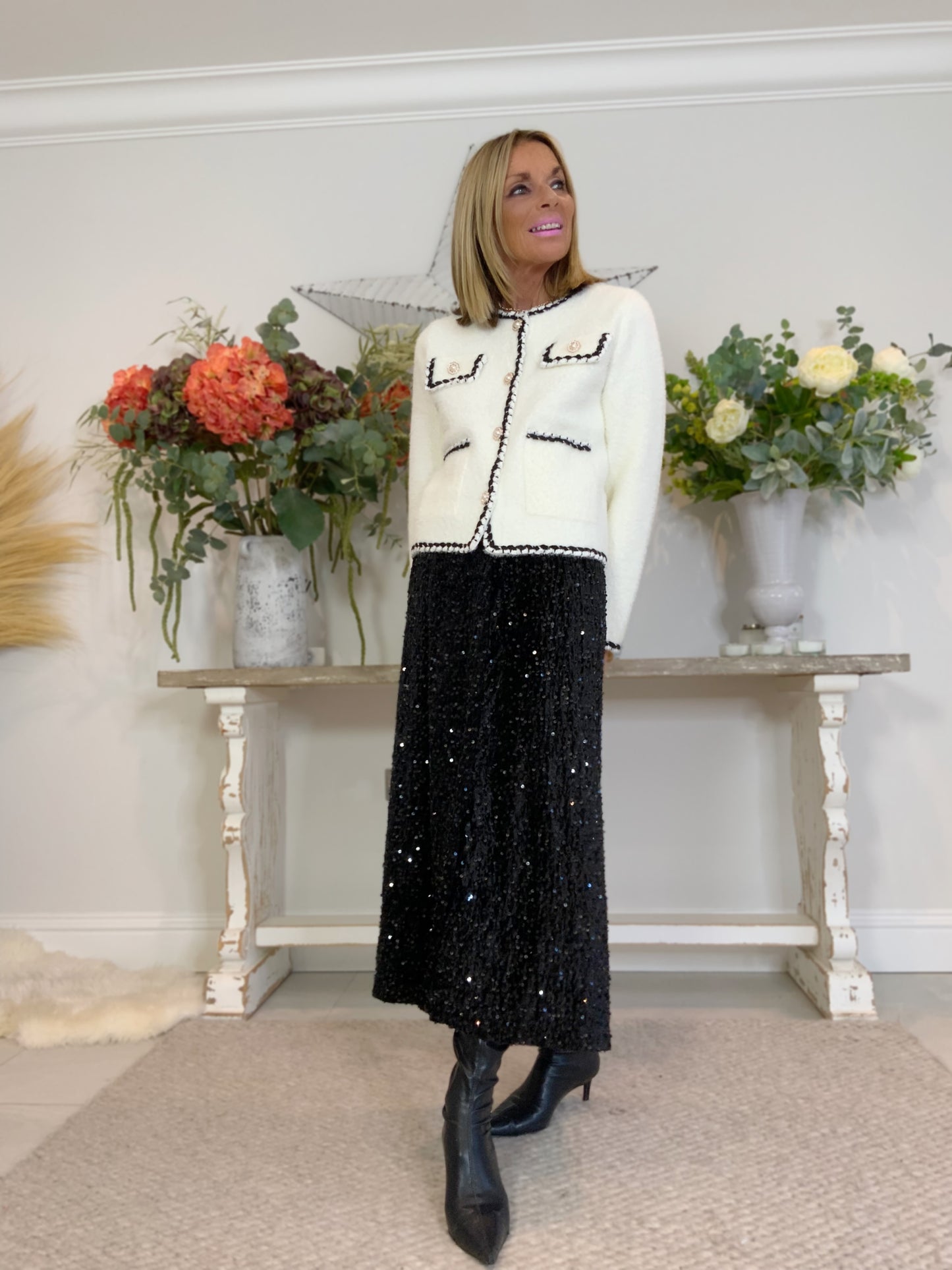 Pearl Button Cardi-Jacket With Trim
