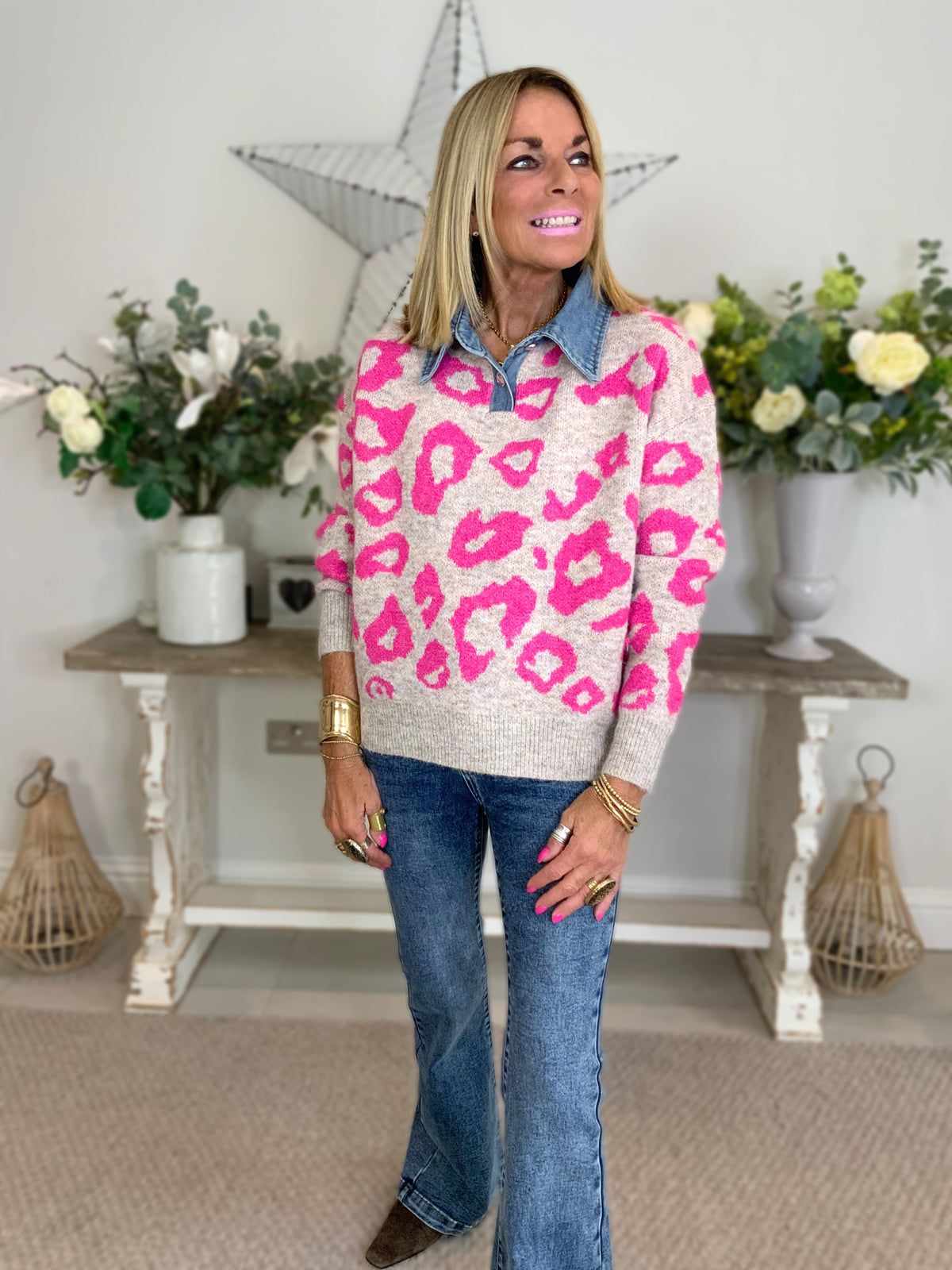 Denim Collar Animal Print Jumper