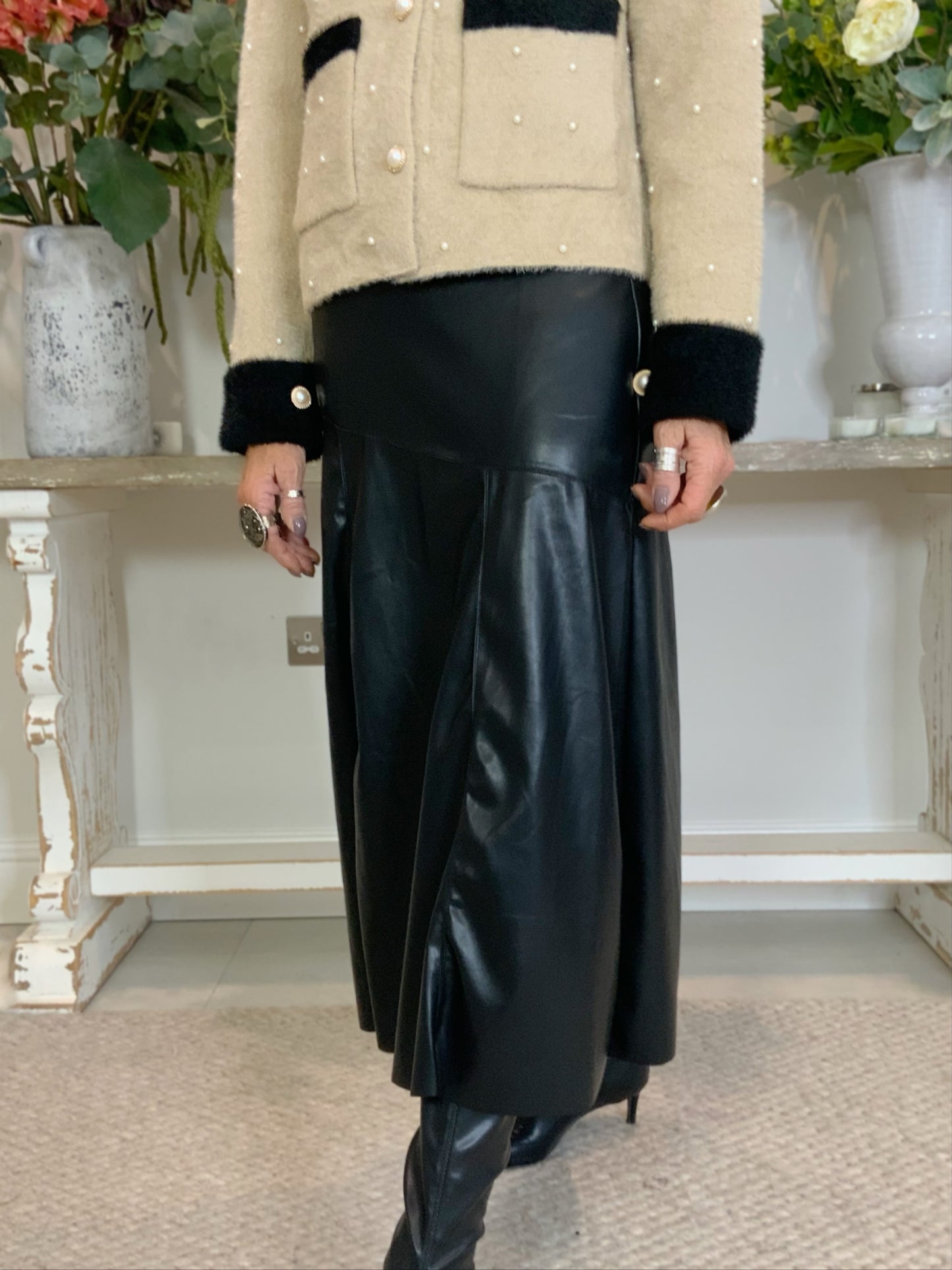 Faux Leather Panelled Midi Skirt