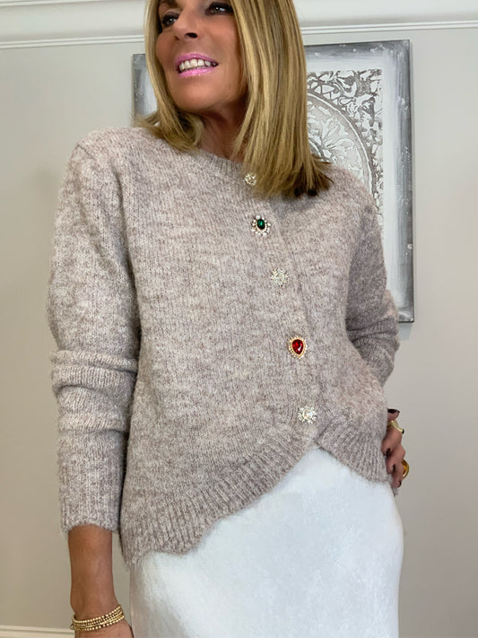 Diamanté button cardigan beige