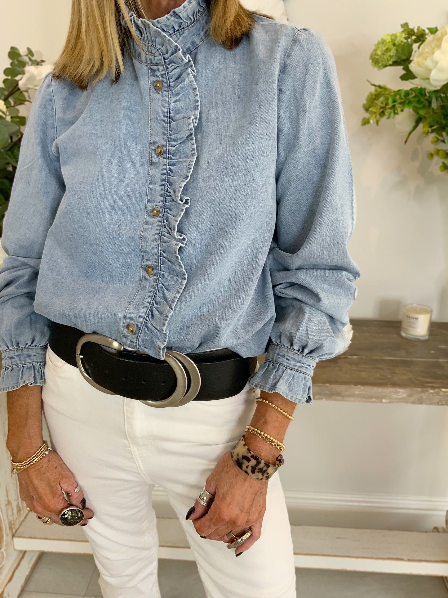 Chambray Ruffle Collar Shirt