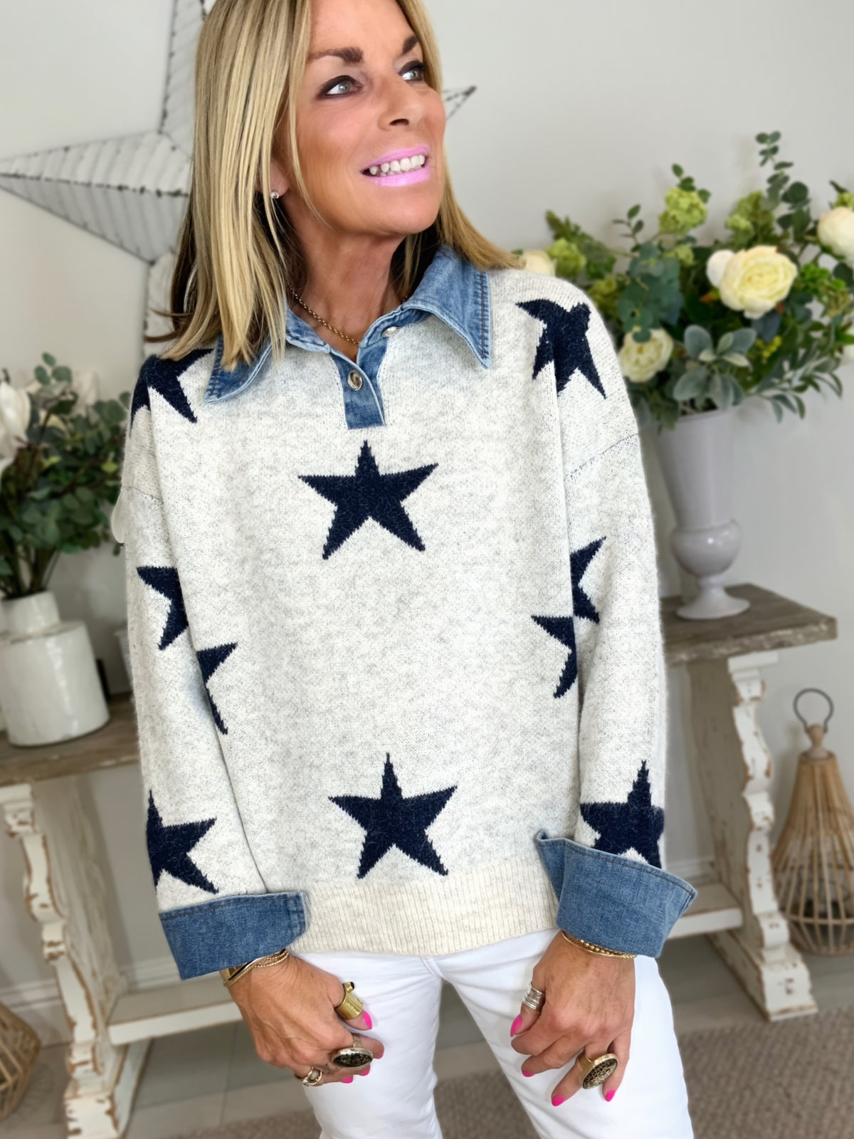 Denim Collar Star Jumper