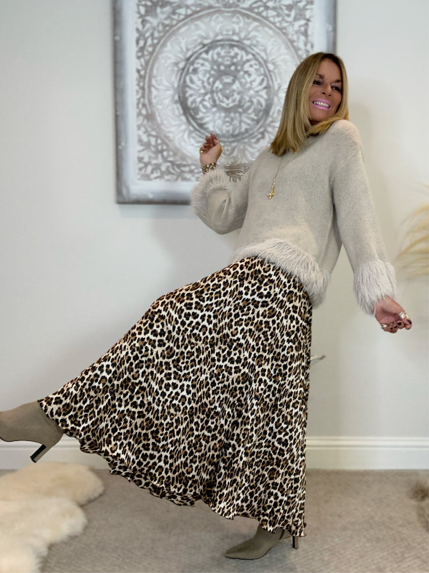 Leopard Print Pleated Maxi Skirt